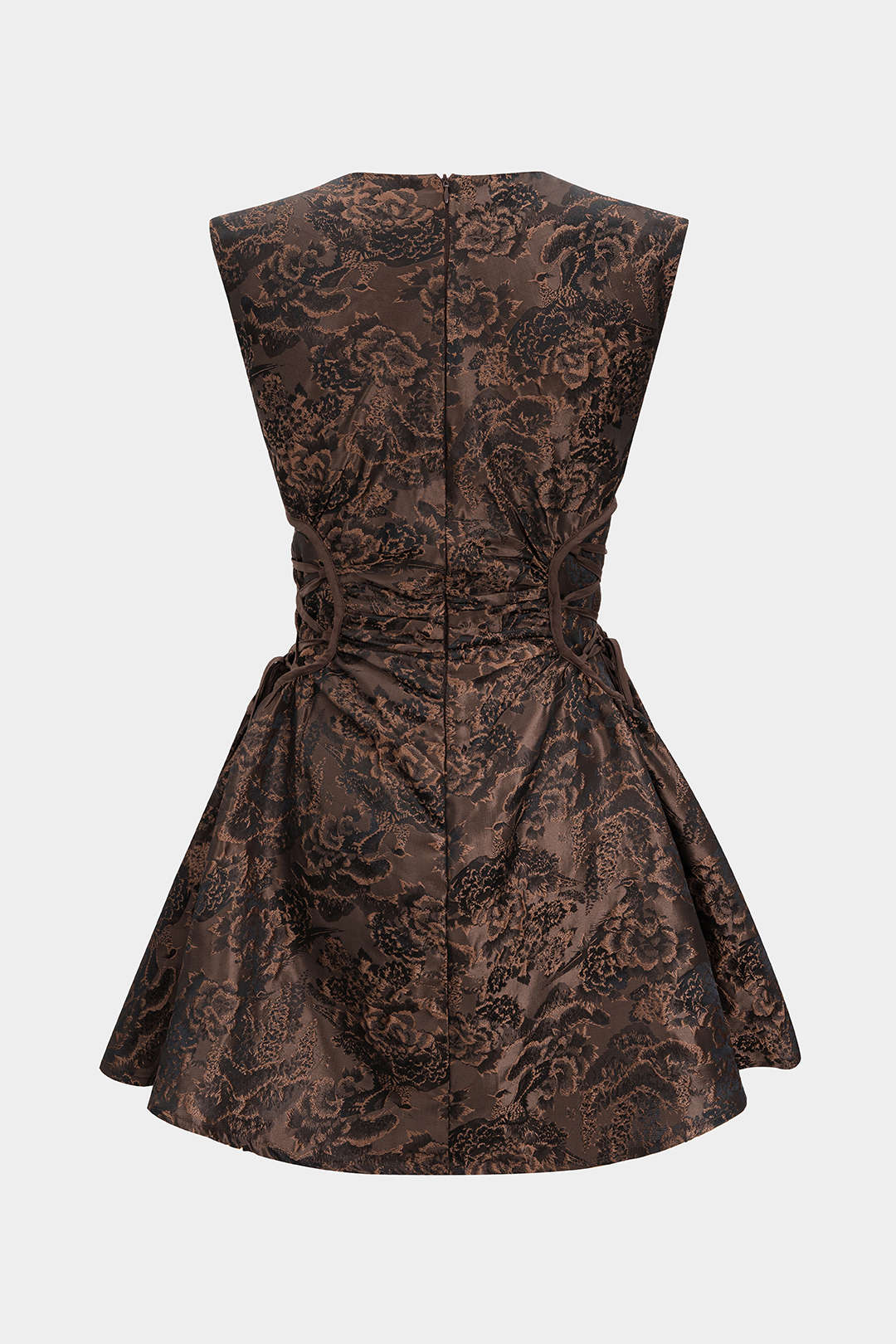 Jacquard Ruched Drawstring V-Neck Zipper Sleeveless Mini Dress - Image 2