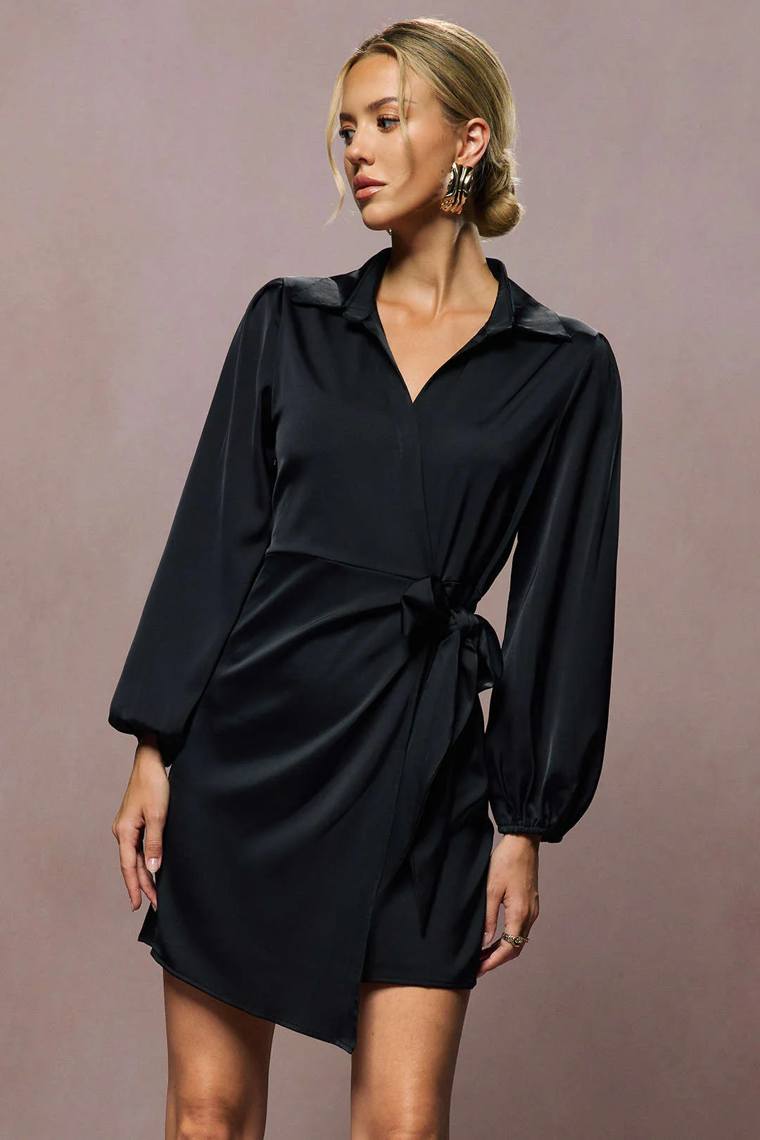 Satin Tie Front V-Neck Long Sleeve Mini Dress - Image 2