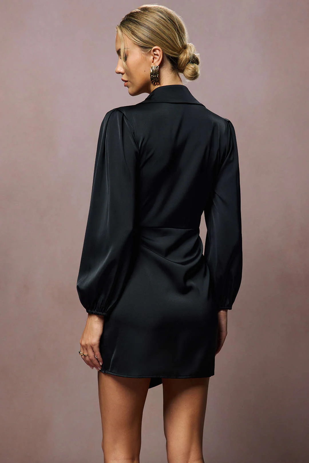Satin Tie Front V-Neck Long Sleeve Mini Dress - Image 3