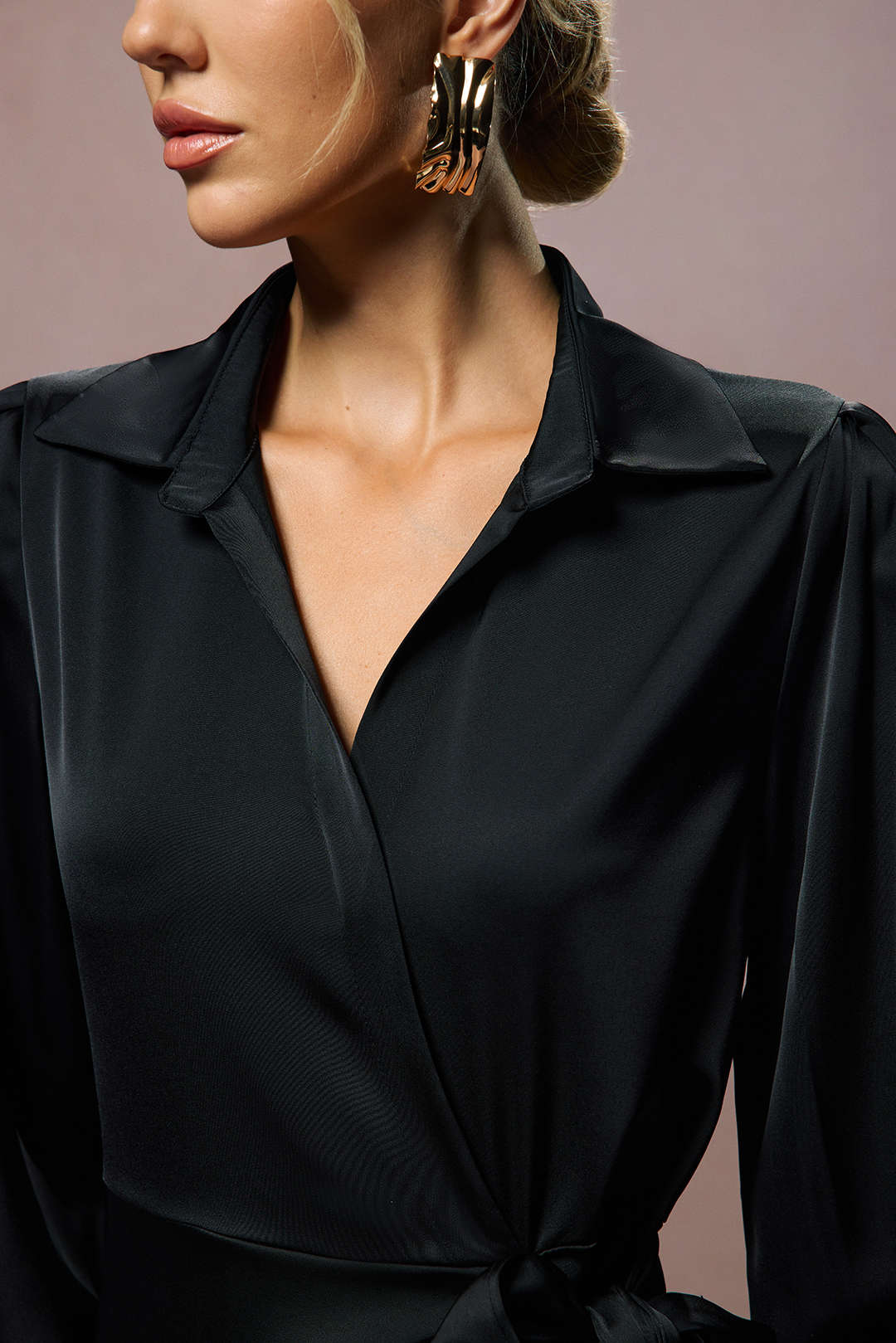 Satin Tie Front V-Neck Long Sleeve Mini Dress - Image 4