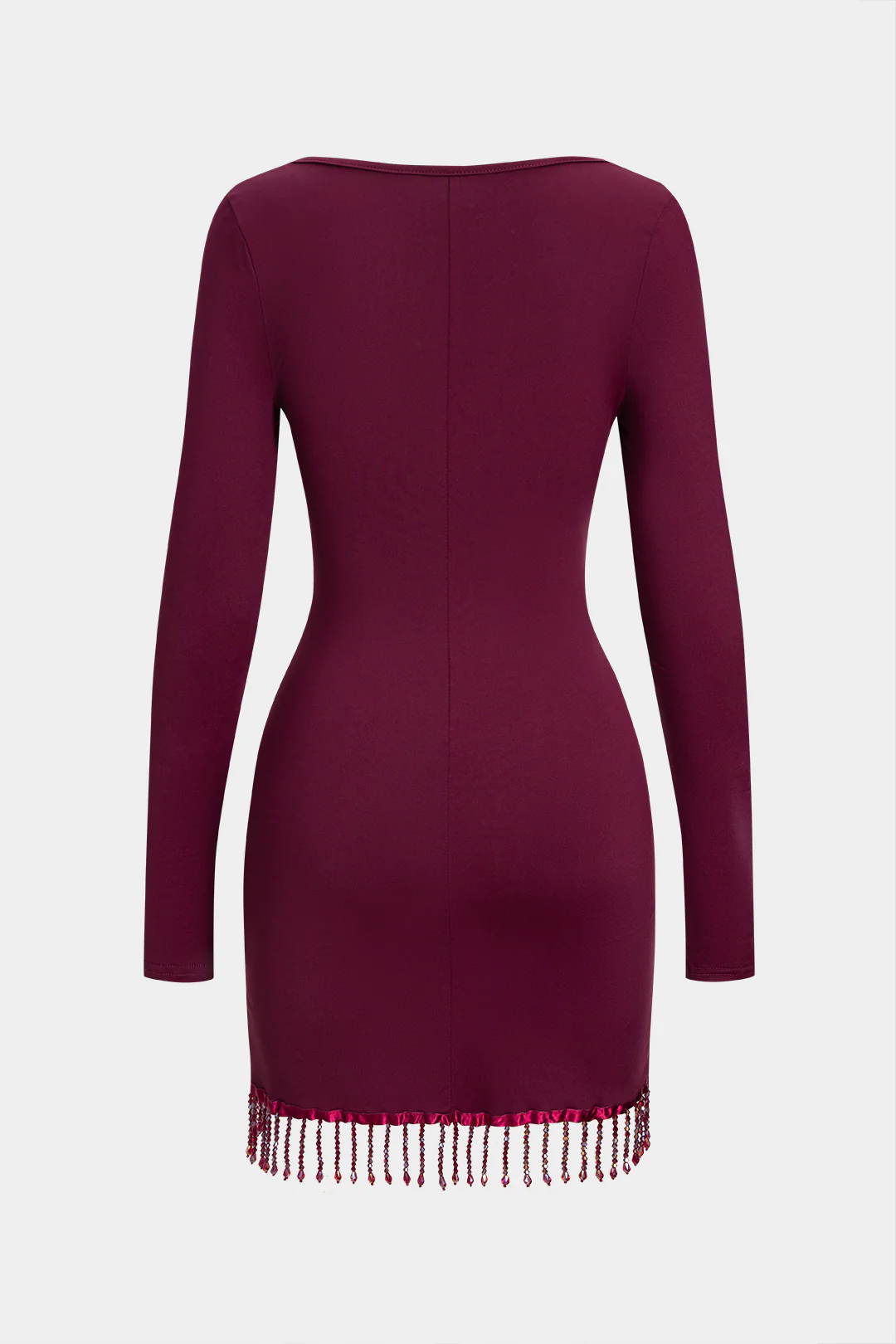Round Neck Fringe Long Sleeve Mini Dress - Image 2