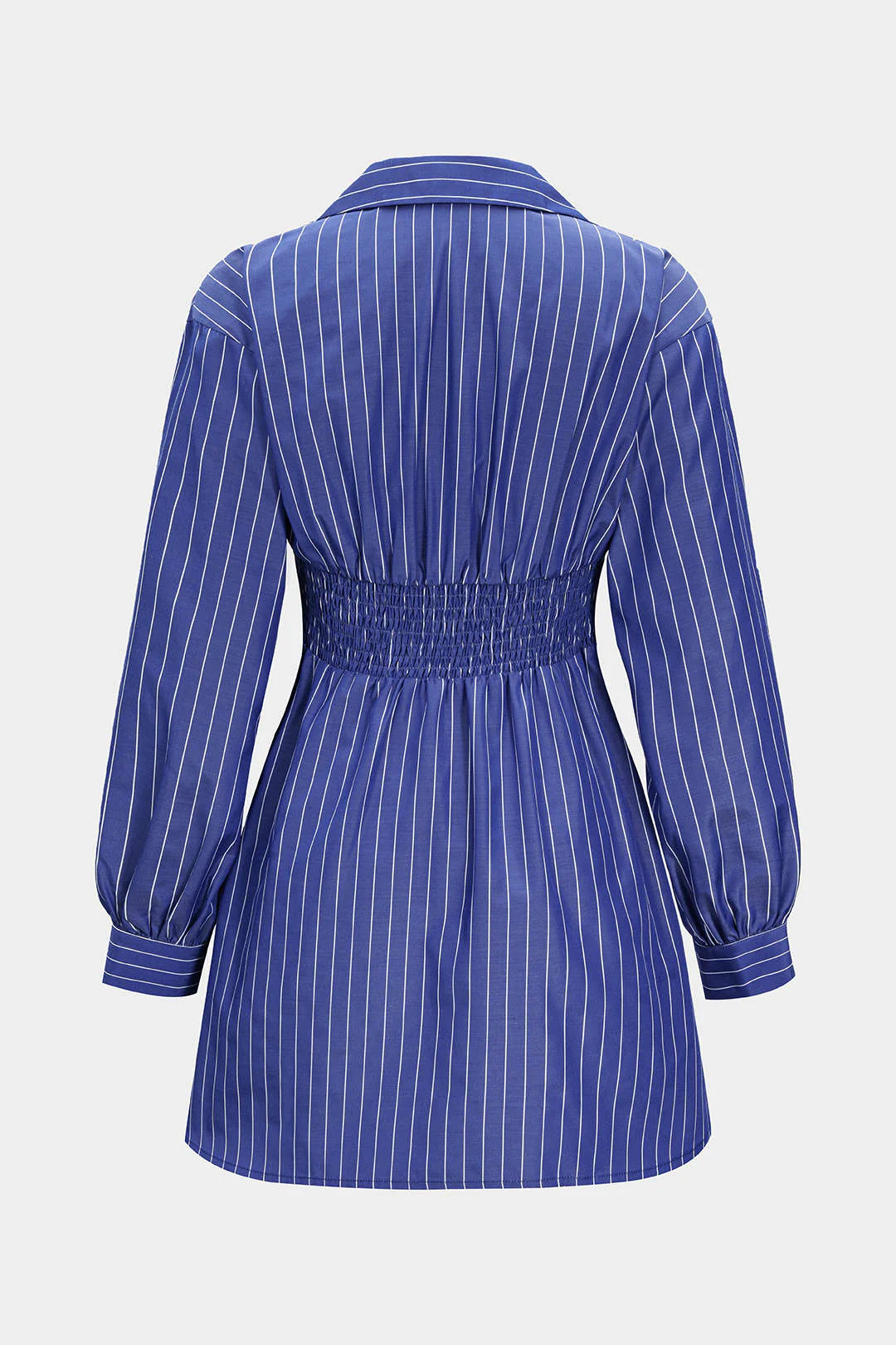 Stripes Print Button Ruched Smocked Long Sleeve Mini Dress - Image 2