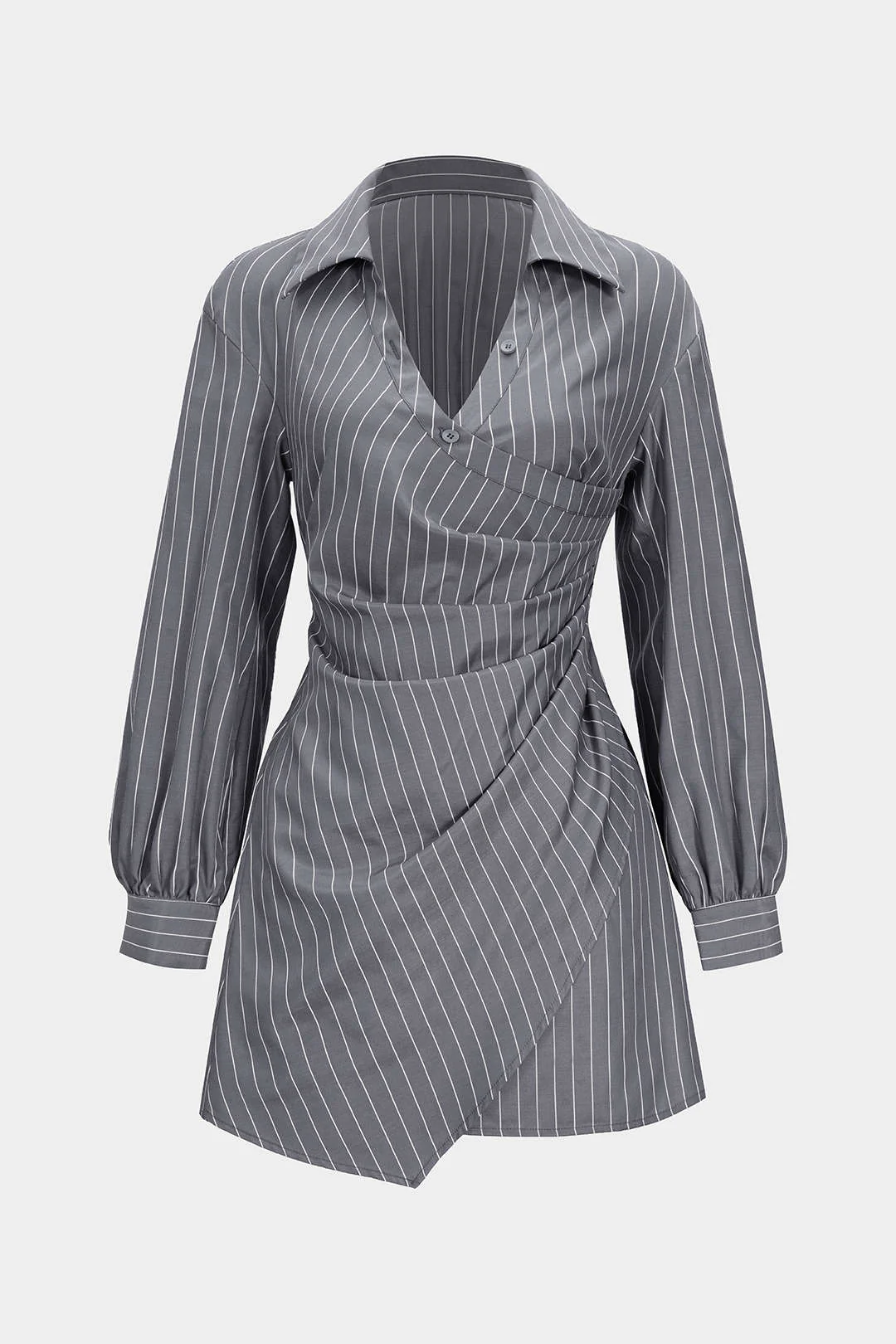 Stripes Print Button Ruched Smocked Long Sleeve Mini Dress - Image 3