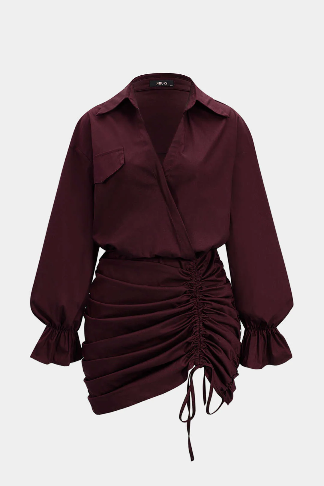 Plus Size Ruched V-Neck Drawstring Ruffle Long Sleeve Mini Dress - Image 3