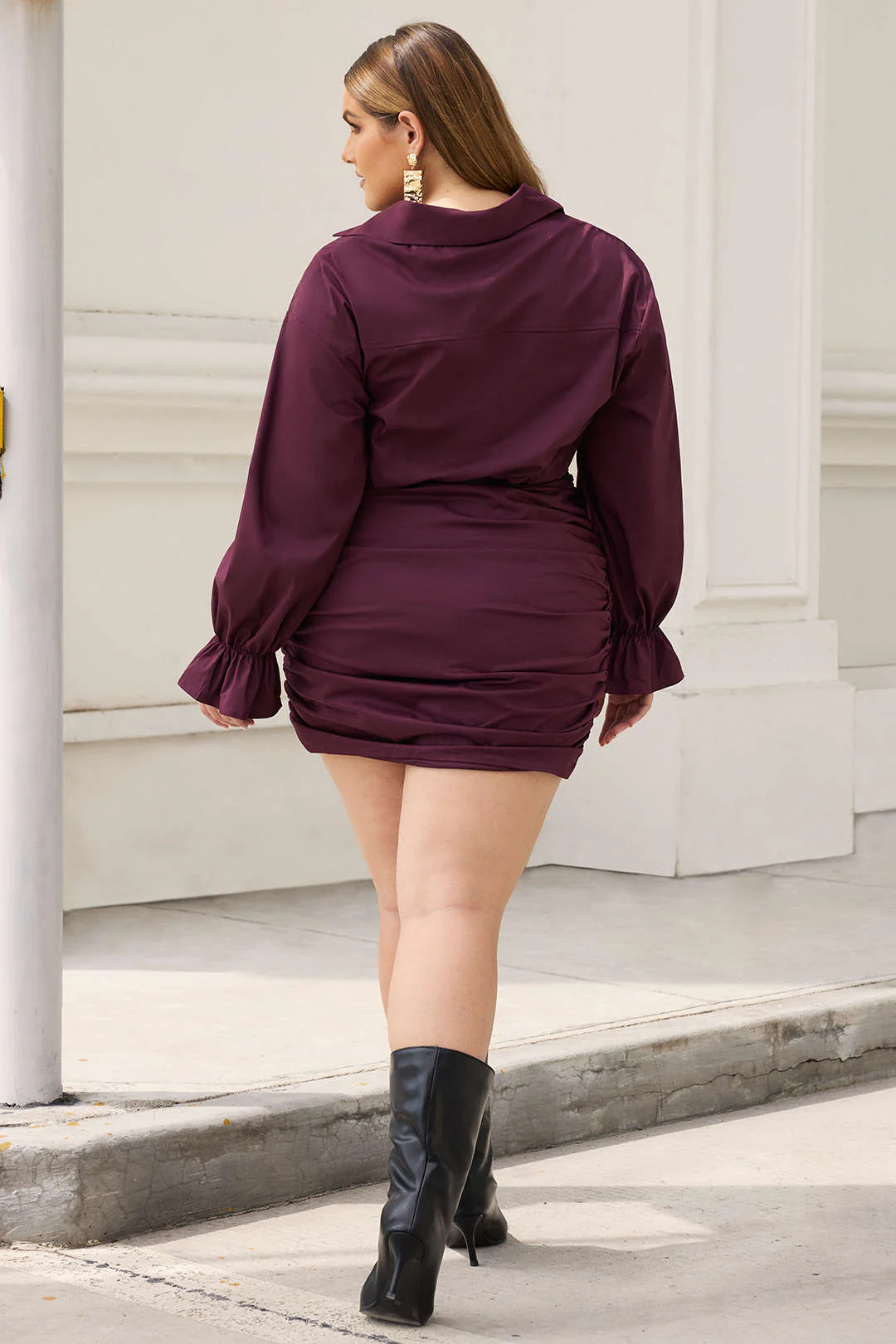 Plus Size Ruched V-Neck Drawstring Ruffle Long Sleeve Mini Dress - Image 7