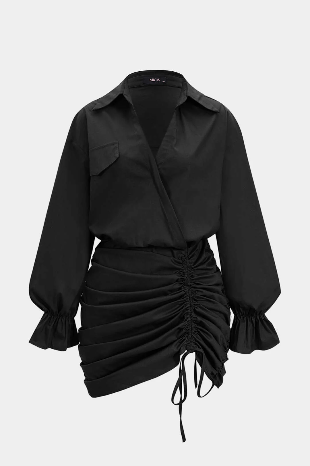 Plus Size Ruched V-Neck Drawstring Ruffle Long Sleeve Mini Dress - Image 9