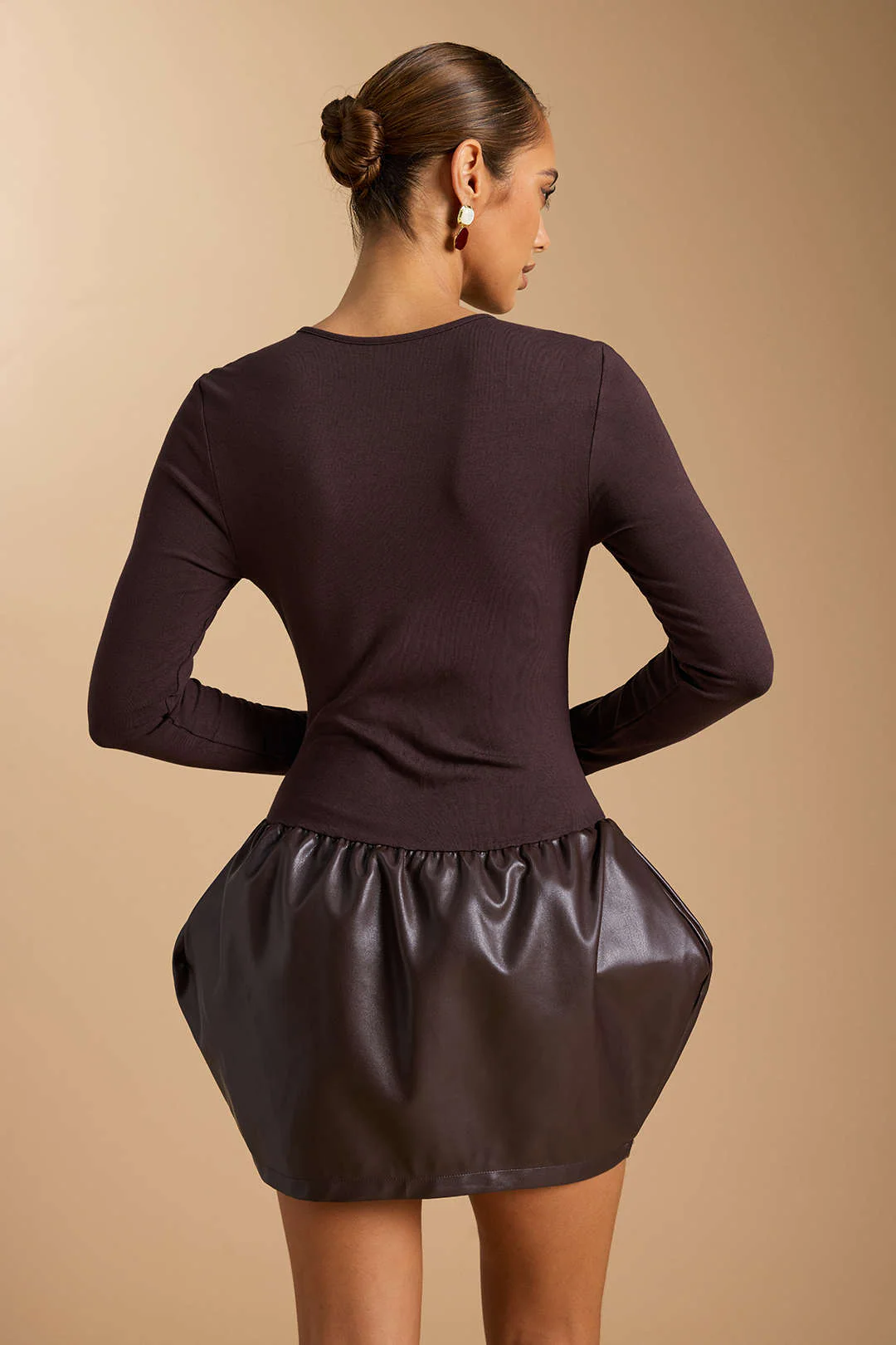 Faux Leather Round Neck Patchwork Ruched Long Sleeve Mini Dress - Image 2