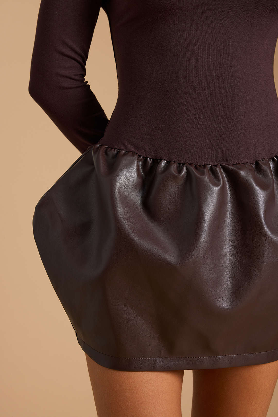 Faux Leather Round Neck Patchwork Ruched Long Sleeve Mini Dress - Image 5