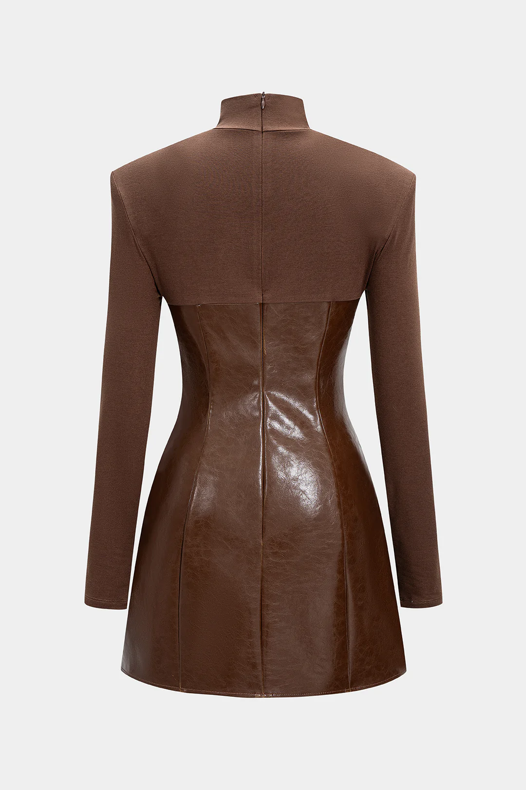 Mock Neck Faux Leather Patchwork Cut Out Long Sleeve Mini Dress - Image 2