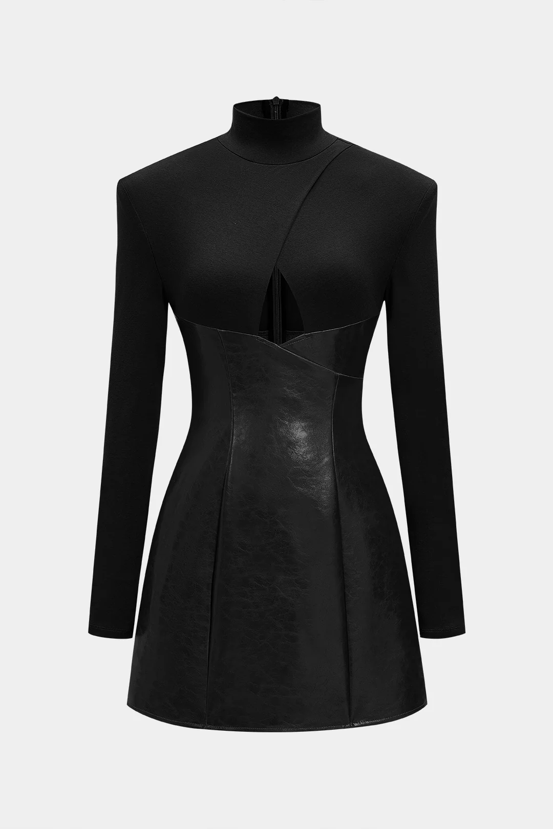 Mock Neck Faux Leather Patchwork Cut Out Long Sleeve Mini Dress - Image 4