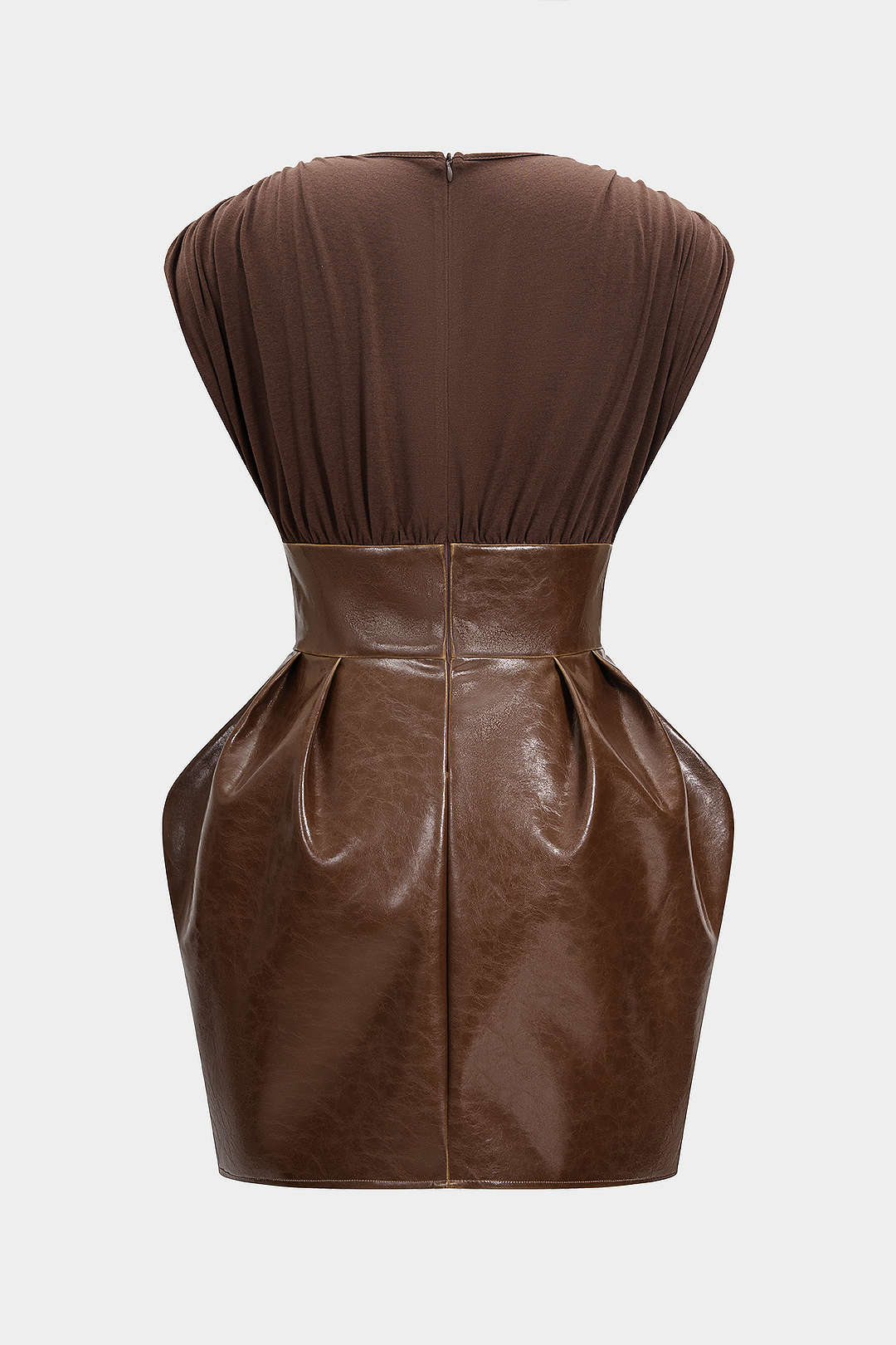 Faux Leather Patchwork V-Neck Ruched Sleeveless Mini Dress - Image 2