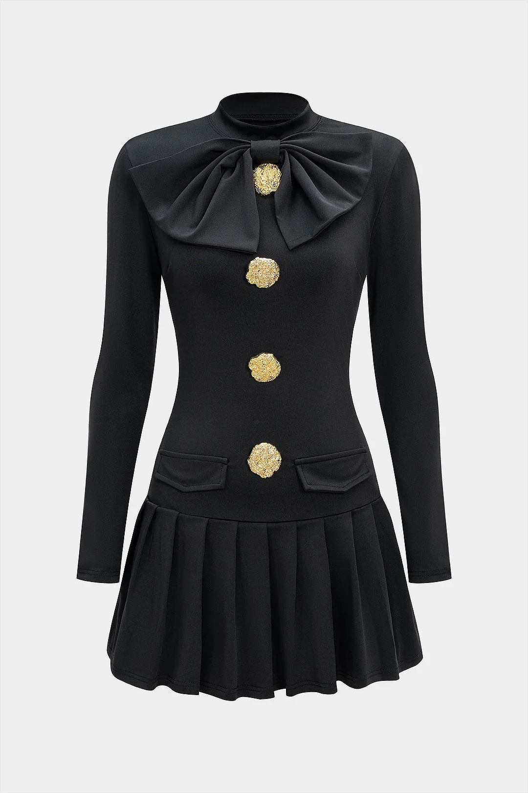 Metallic Button Bow Pleated Long Sleeve Mini Dress
