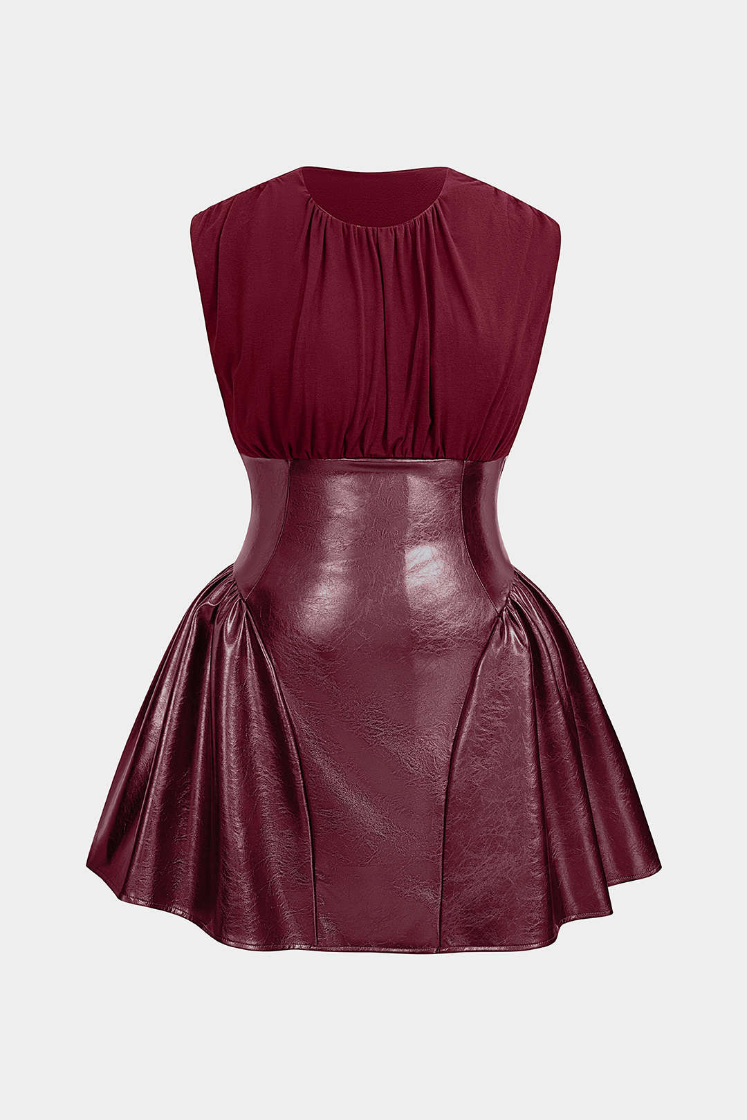 Plus Size Faux Leather Patchwork Ruched Sleeveless Mini Dress - Image 11