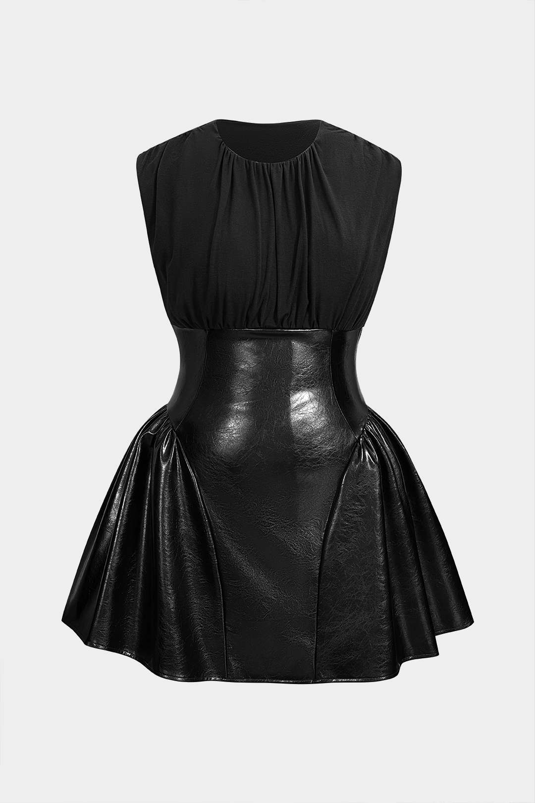 Plus Size Faux Leather Patchwork Ruched Sleeveless Mini Dress - Image 12