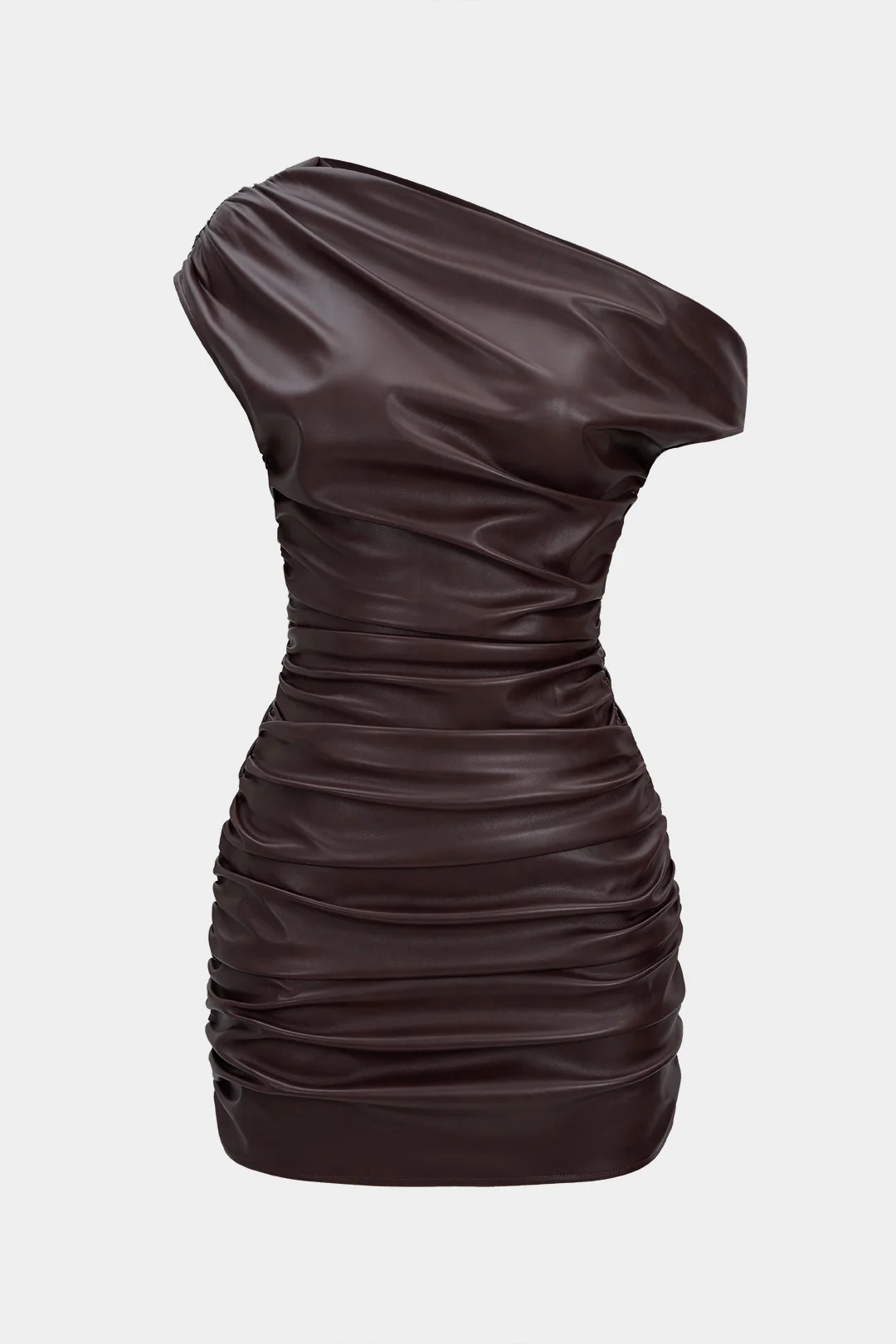 Faux Leather Ruched Boat Neck Asymmetrical Sleeveless Mini Dress - Image 11