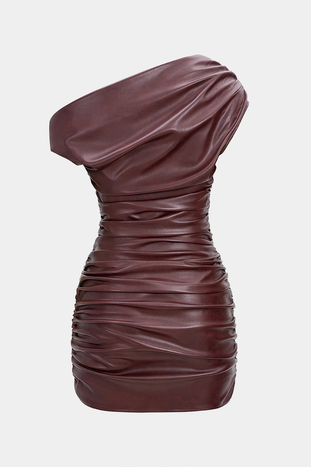 Faux Leather Ruched Boat Neck Asymmetrical Sleeveless Mini Dress - Image 5