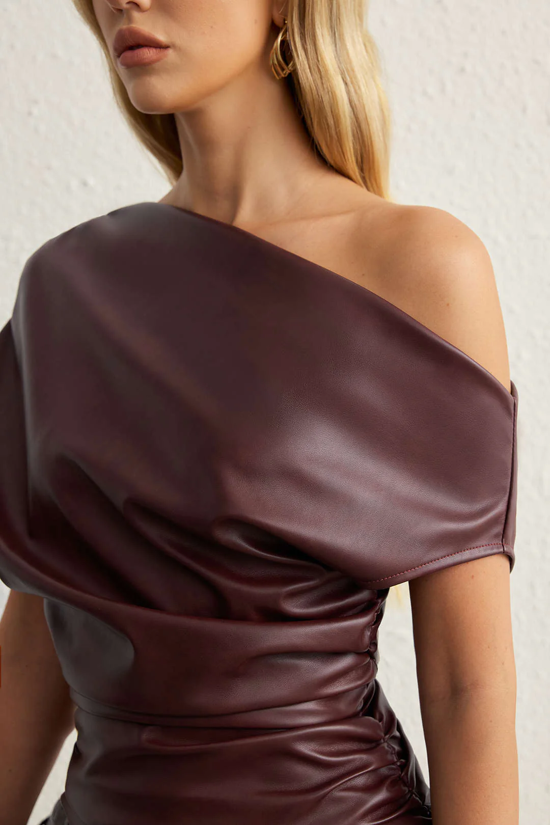 Faux Leather Ruched Boat Neck Asymmetrical Sleeveless Mini Dress - Image 9