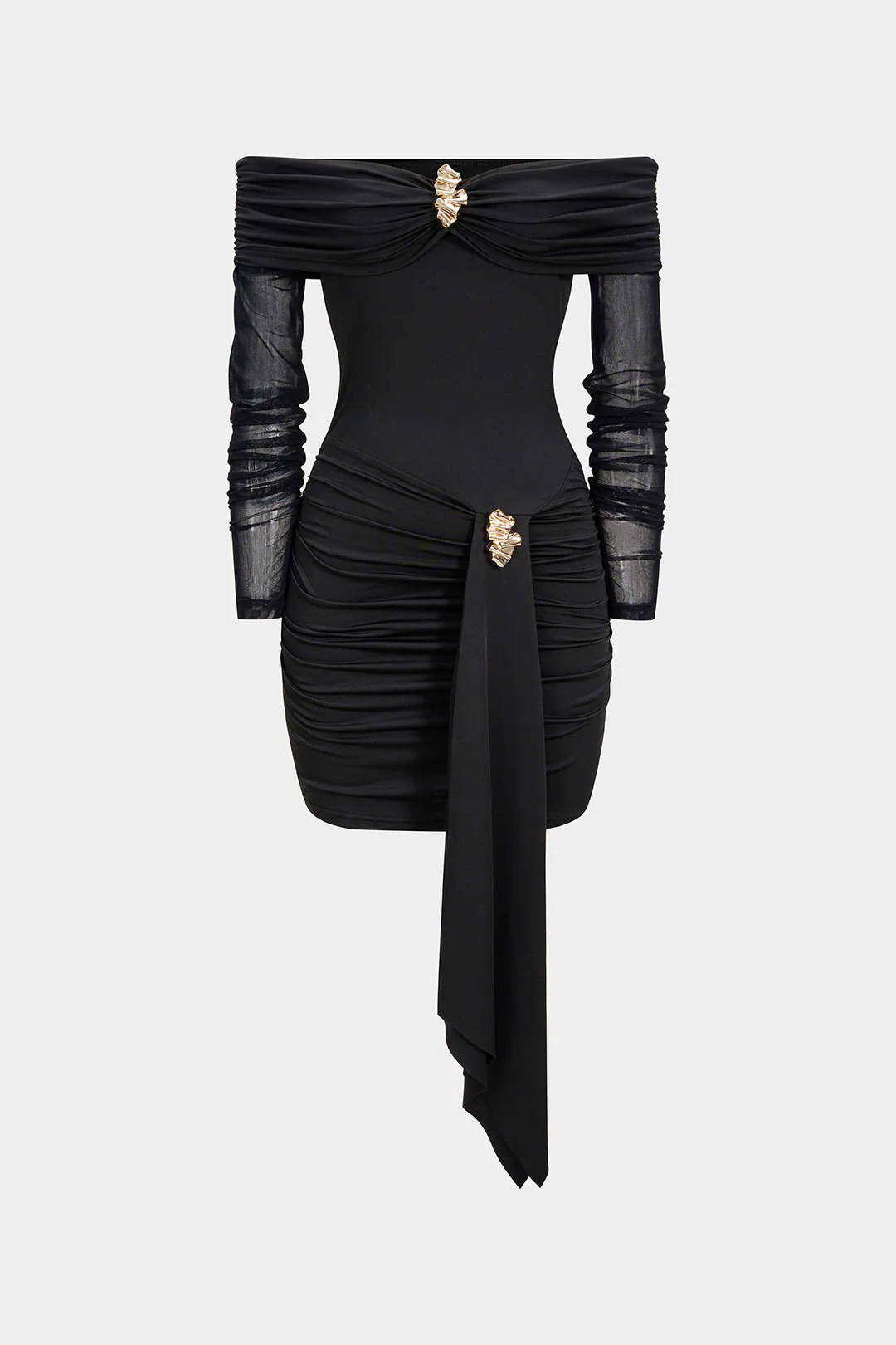 Off Shoulder Sheer Metallic Decor Ruched Long Sleeve Mini Dress - Image 2