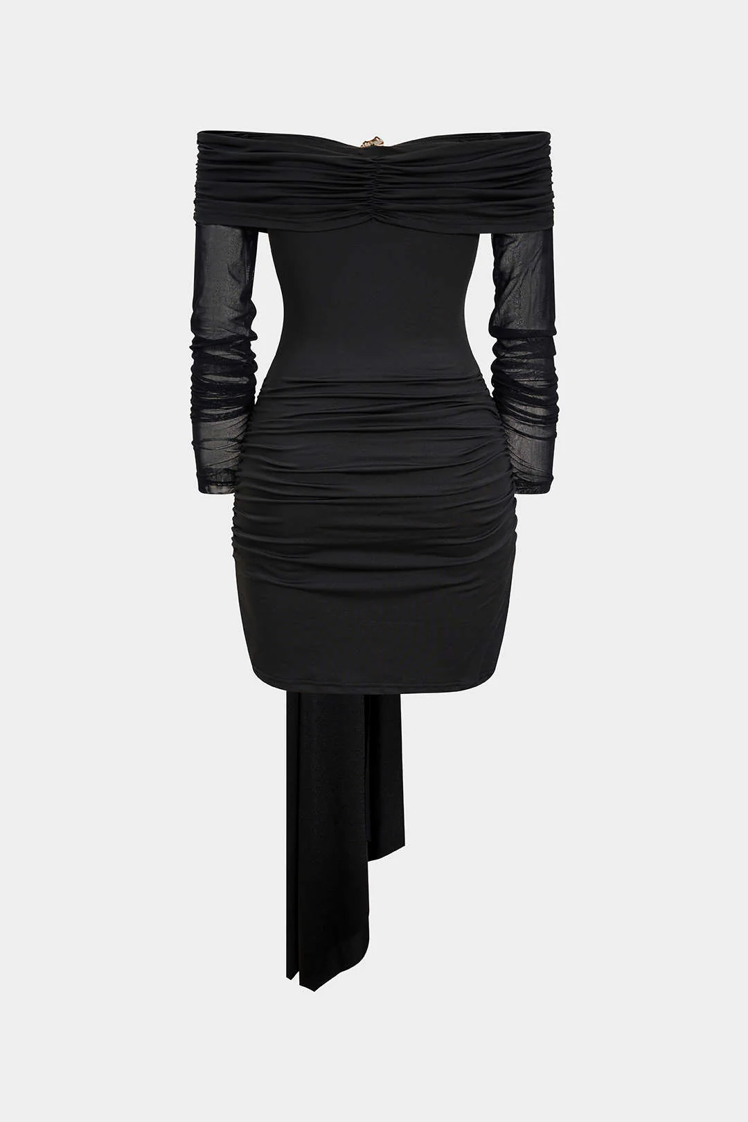 Off Shoulder Sheer Metallic Decor Ruched Long Sleeve Mini Dress - Image 3