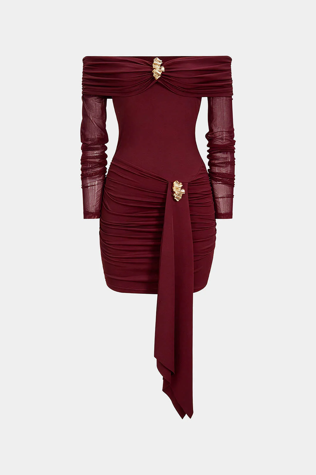 Off Shoulder Sheer Metallic Decor Ruched Long Sleeve Mini Dress - Image 7