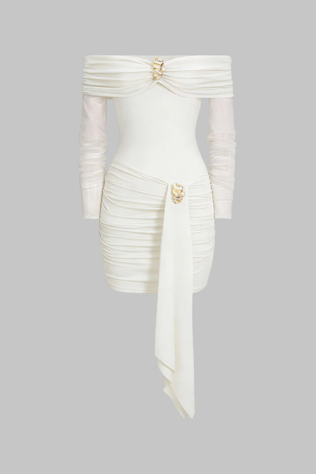 Off Shoulder Sheer Metallic Decor Ruched Long Sleeve Mini Dress - Image 8