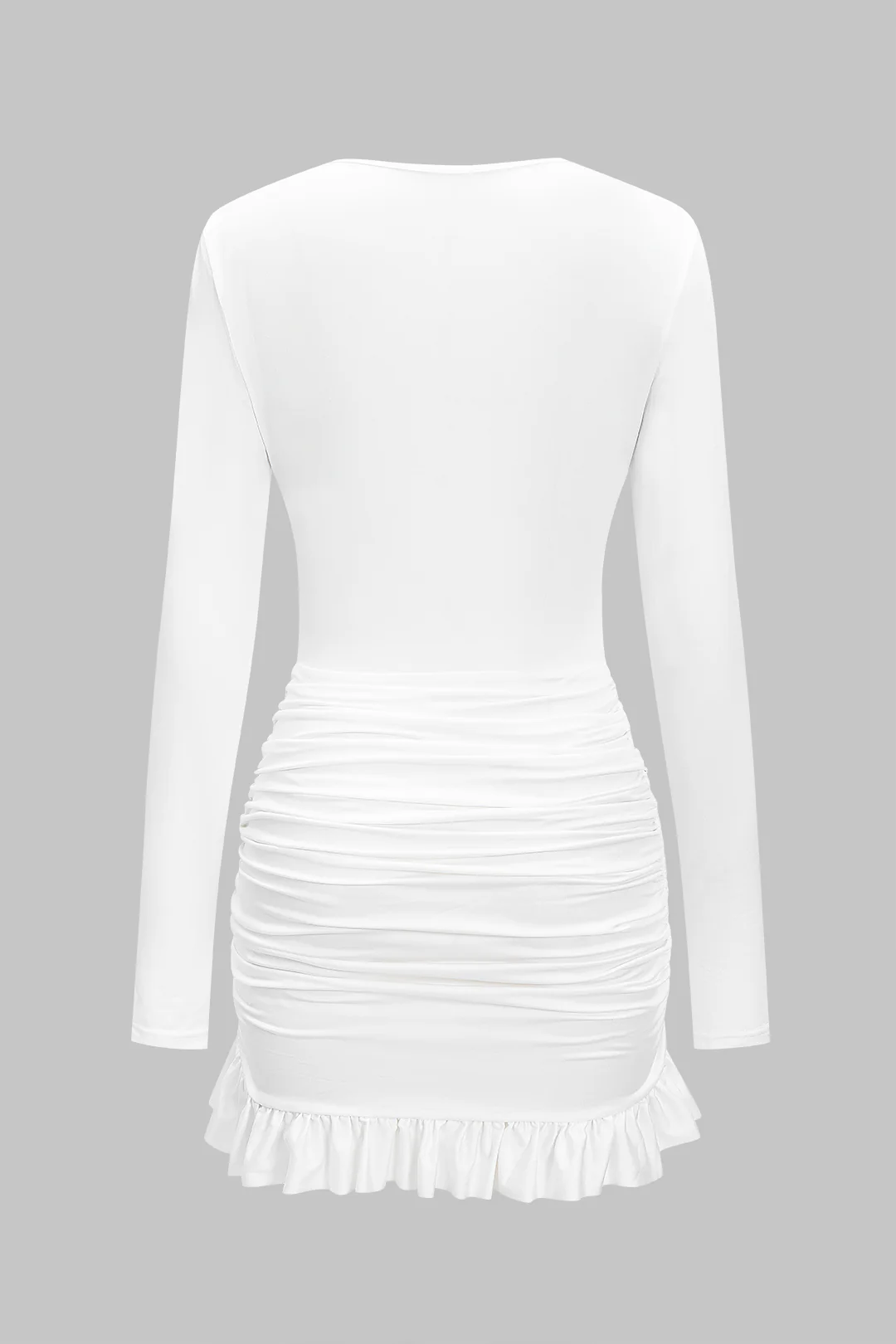 V-Neck Ruched Twist Knot Scallop Edge Long Sleeve Mini Dress - Image 2