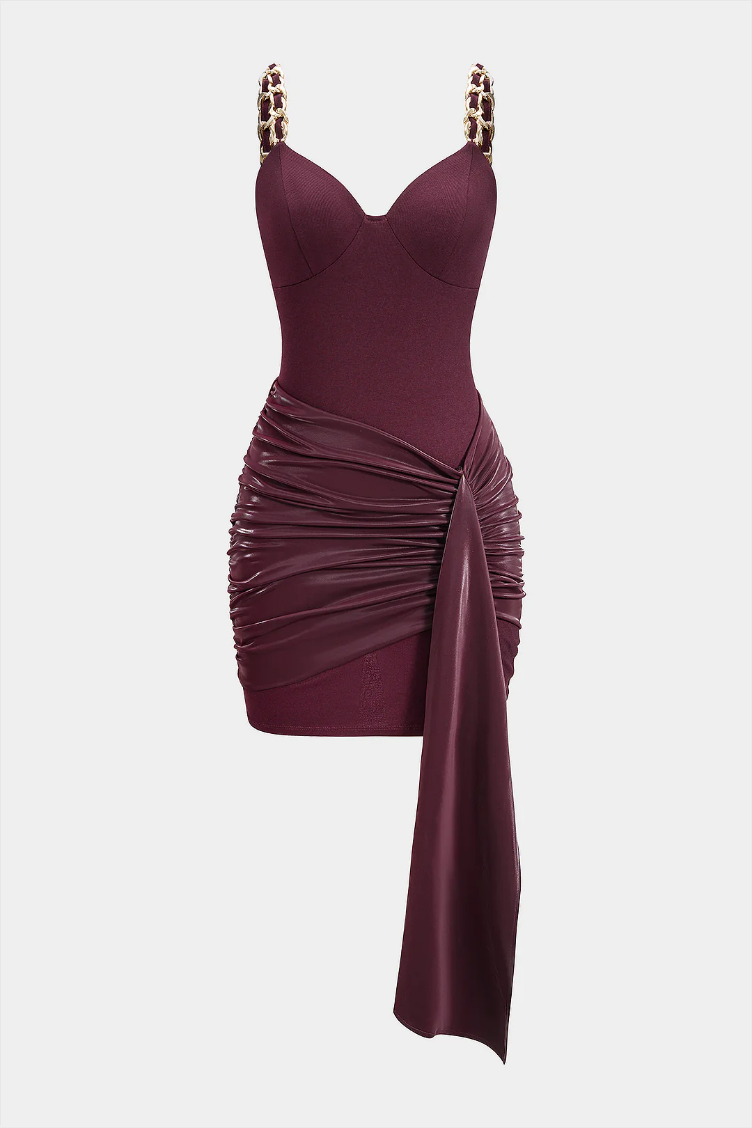 Faux Leather Chain Patchwork Ruched Sleeveless Mini Dress