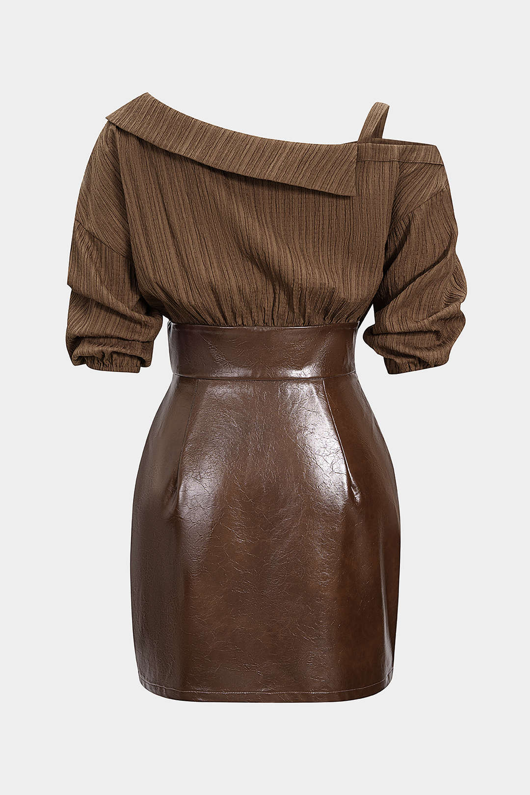 Faux Leather Patchwork Asymmetrical Short Sleeve Mini Dress - Image 2