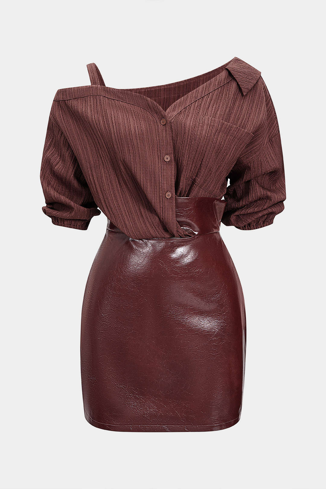 Faux Leather Patchwork Asymmetrical Short Sleeve Mini Dress - Image 6