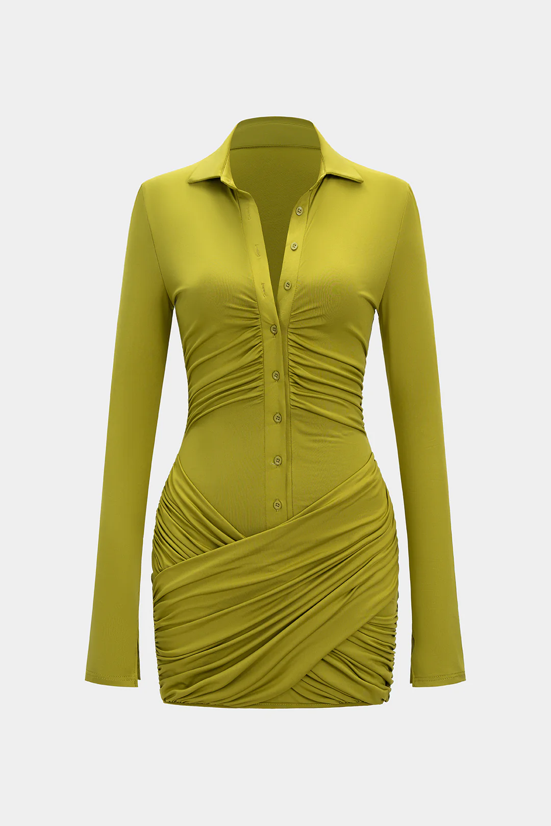 Crossed Button Ruched Long Sleeve Mini Dress