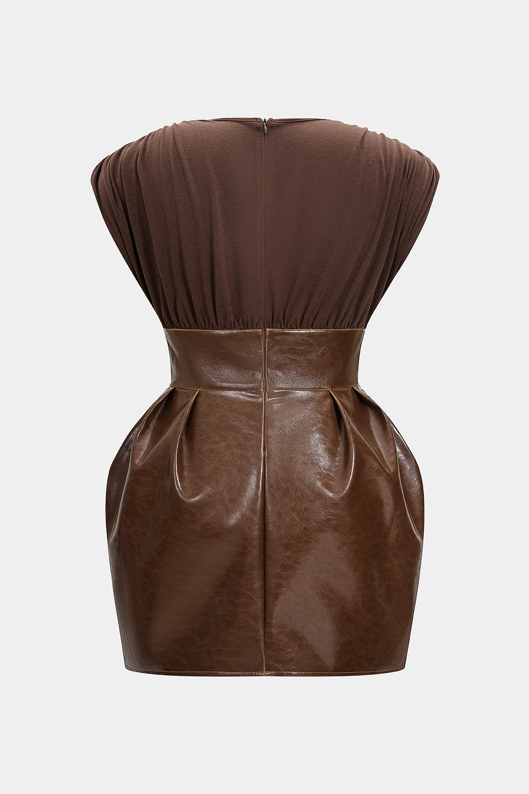 Plus Size Faux Leather Patchwork V-Neck Ruched Sleeveless Mini Dress - Image 2