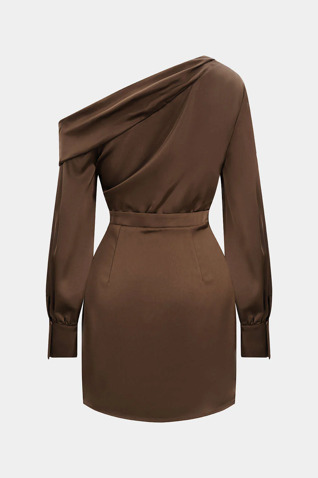 Satin Asymmetrical Neck Long Sleeve Mini Dress - Image 2