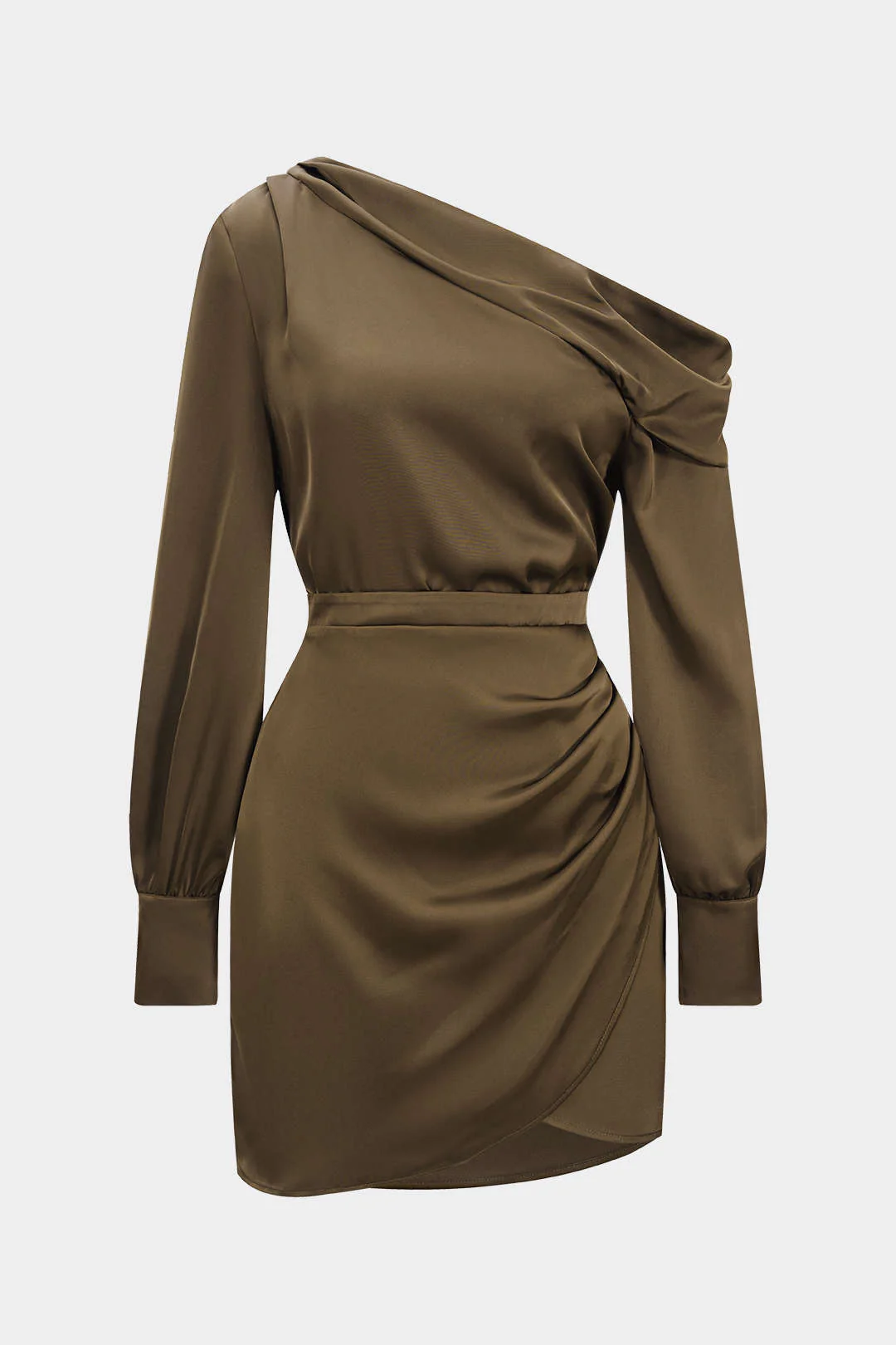 Satin Asymmetrical Neck Long Sleeve Mini Dress - Image 6