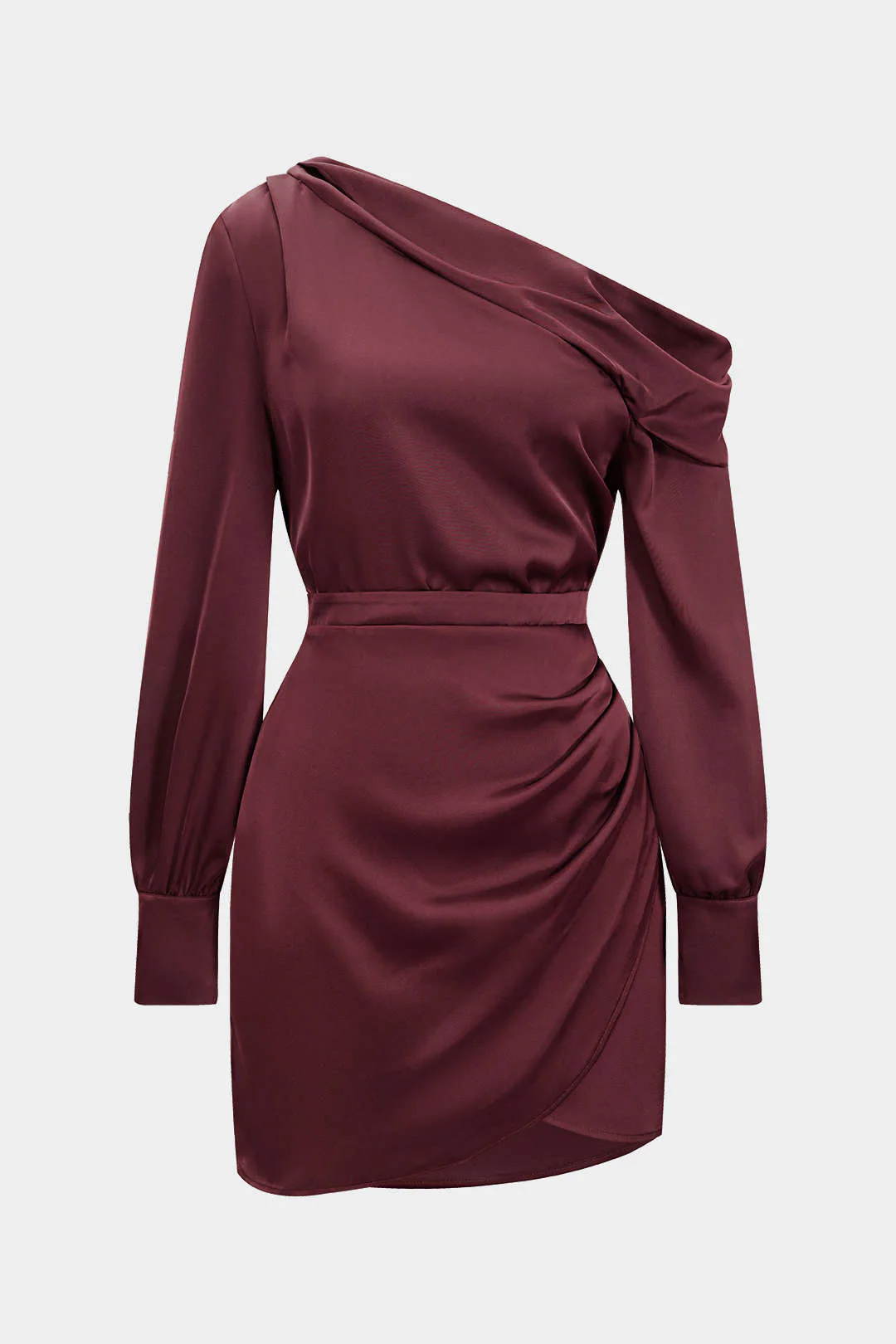 Satin Asymmetrical Neck Long Sleeve Mini Dress - Image 7