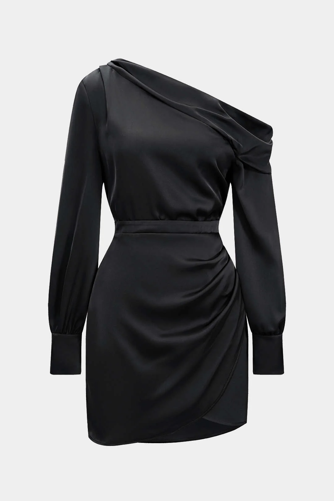 Satin Asymmetrical Neck Long Sleeve Mini Dress - Image 8