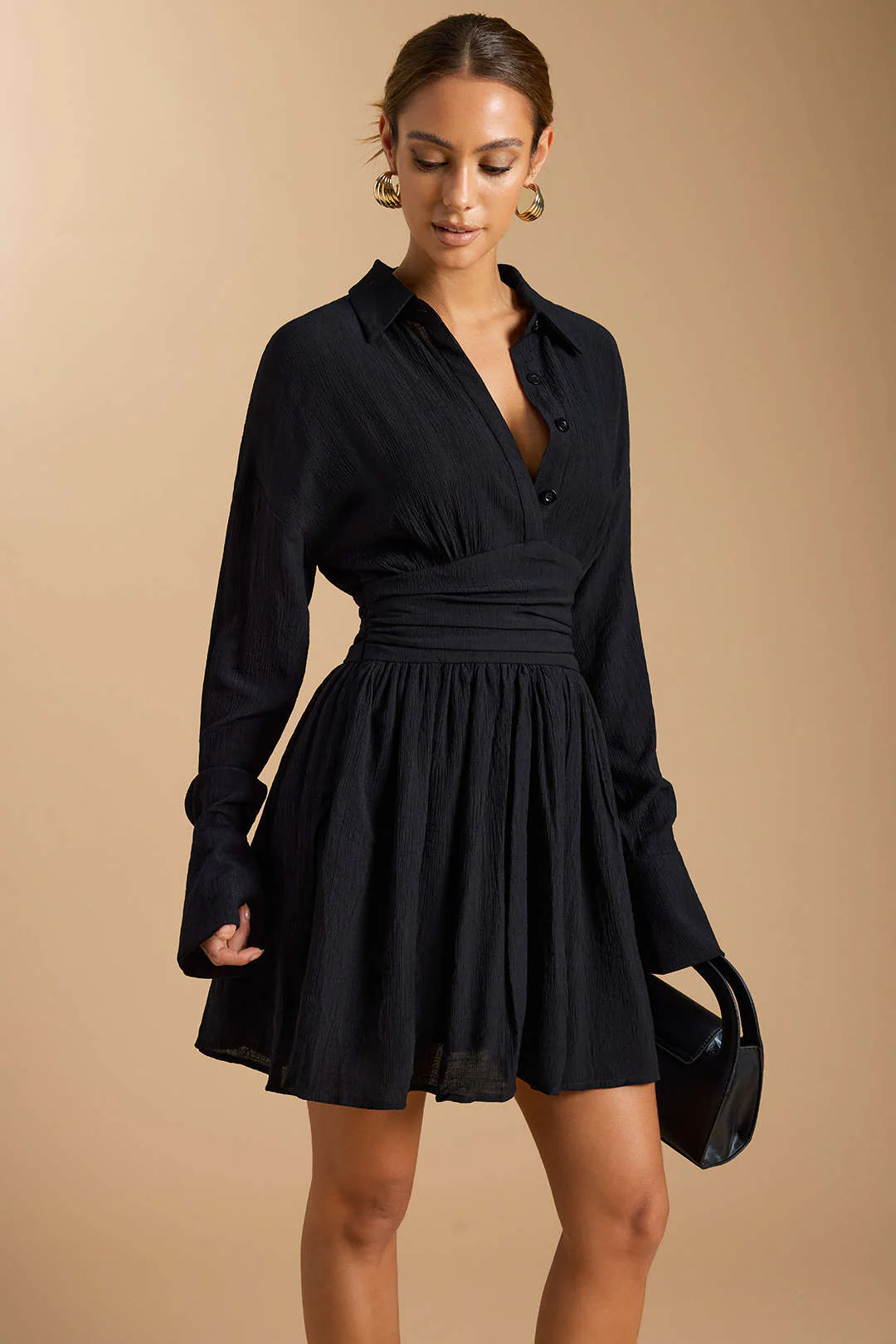 Button Ruched Long Sleeve Mini Dress - Image 2