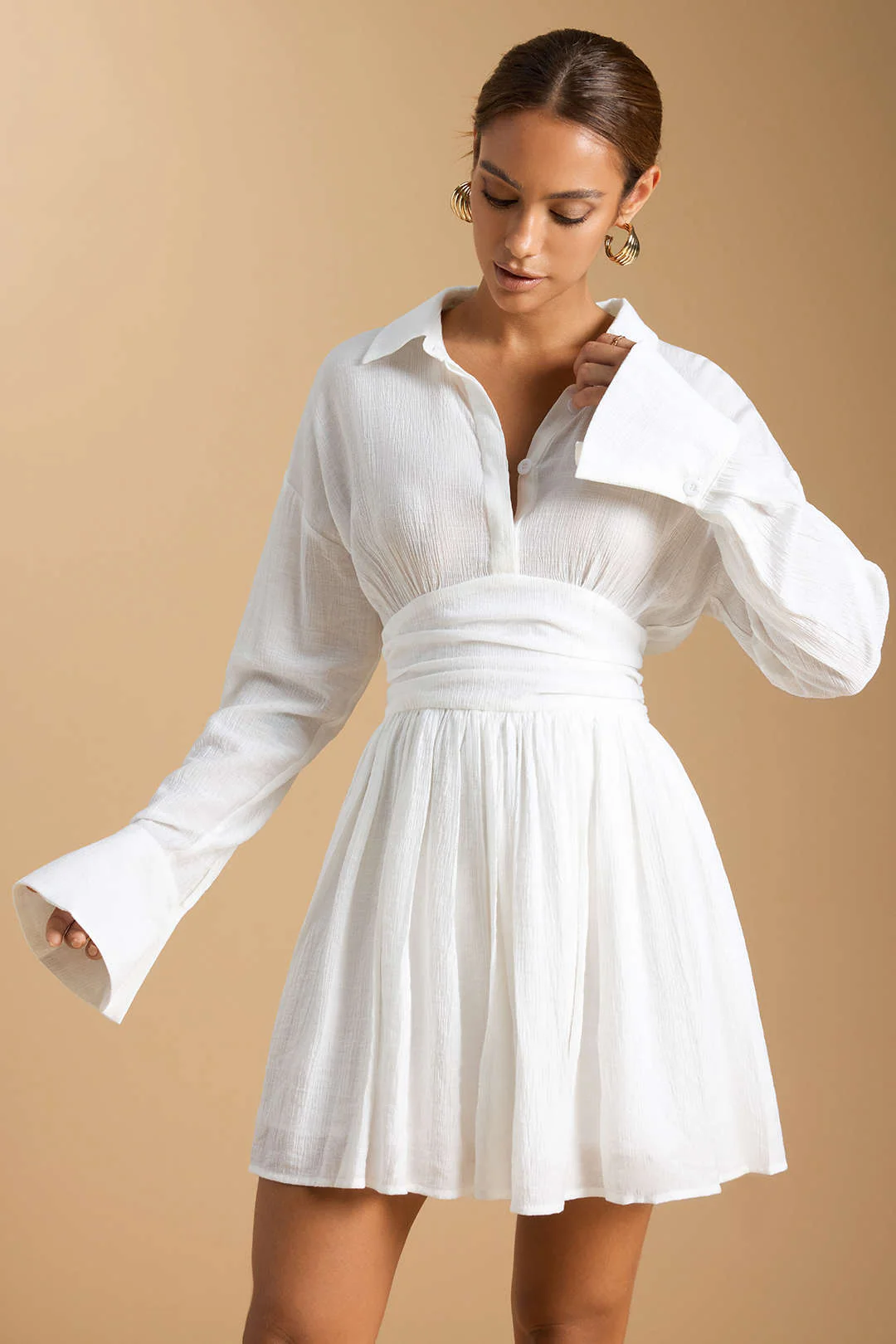 Button Ruched Long Sleeve Mini Dress - Image 6