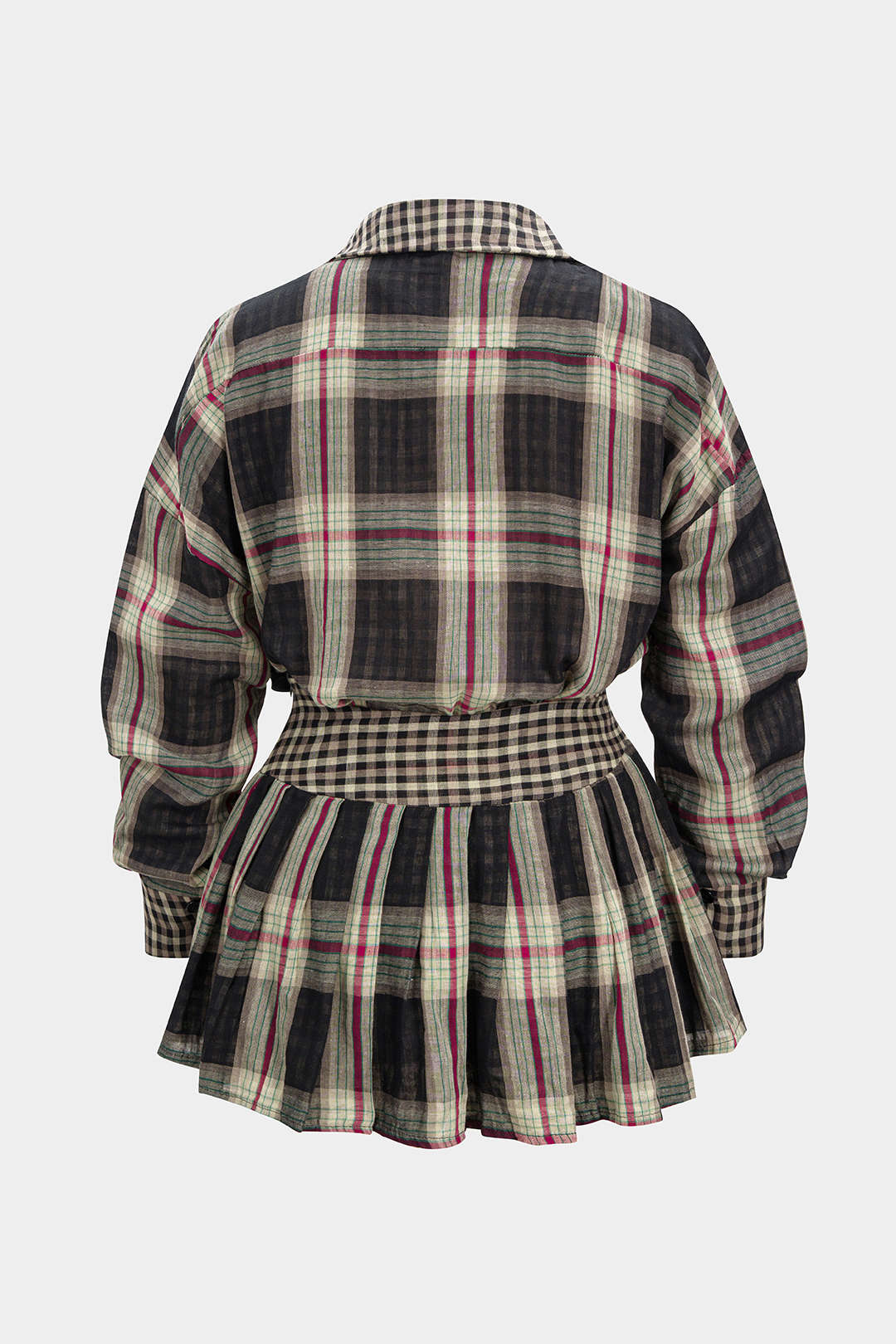 Plus Size Plaid Print Button Long-Sleeve Shirt And Mini Skirt Set - Image 2