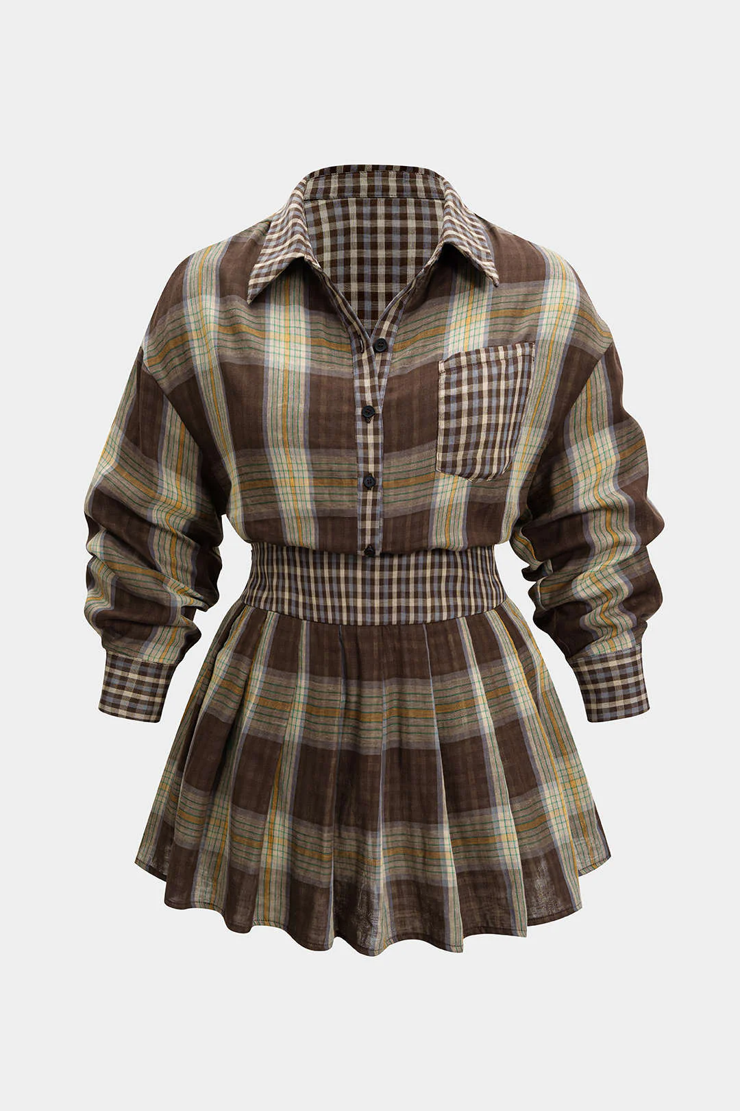 Plus Size Plaid Print Button Long-Sleeve Shirt And Mini Skirt Set - Image 7