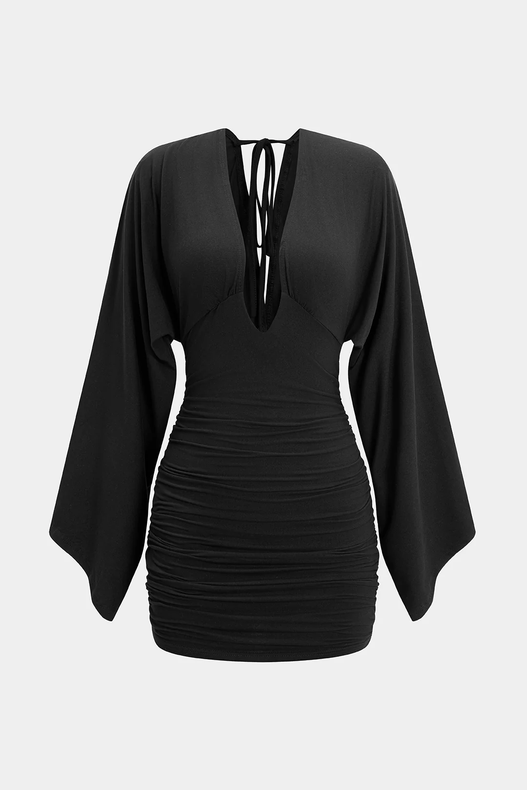 V-Neck Tie Back Backless Batwing Long Sleeve Mini Dress
