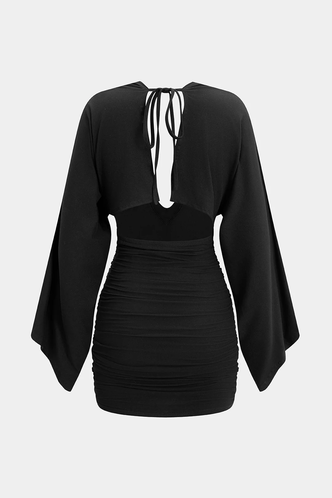 V-Neck Tie Back Backless Batwing Long Sleeve Mini Dress - Image 2