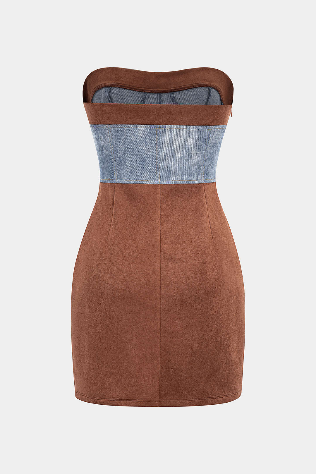 Suede Denim Patchwork Strapless Sleeveless Mini Dress - Image 2