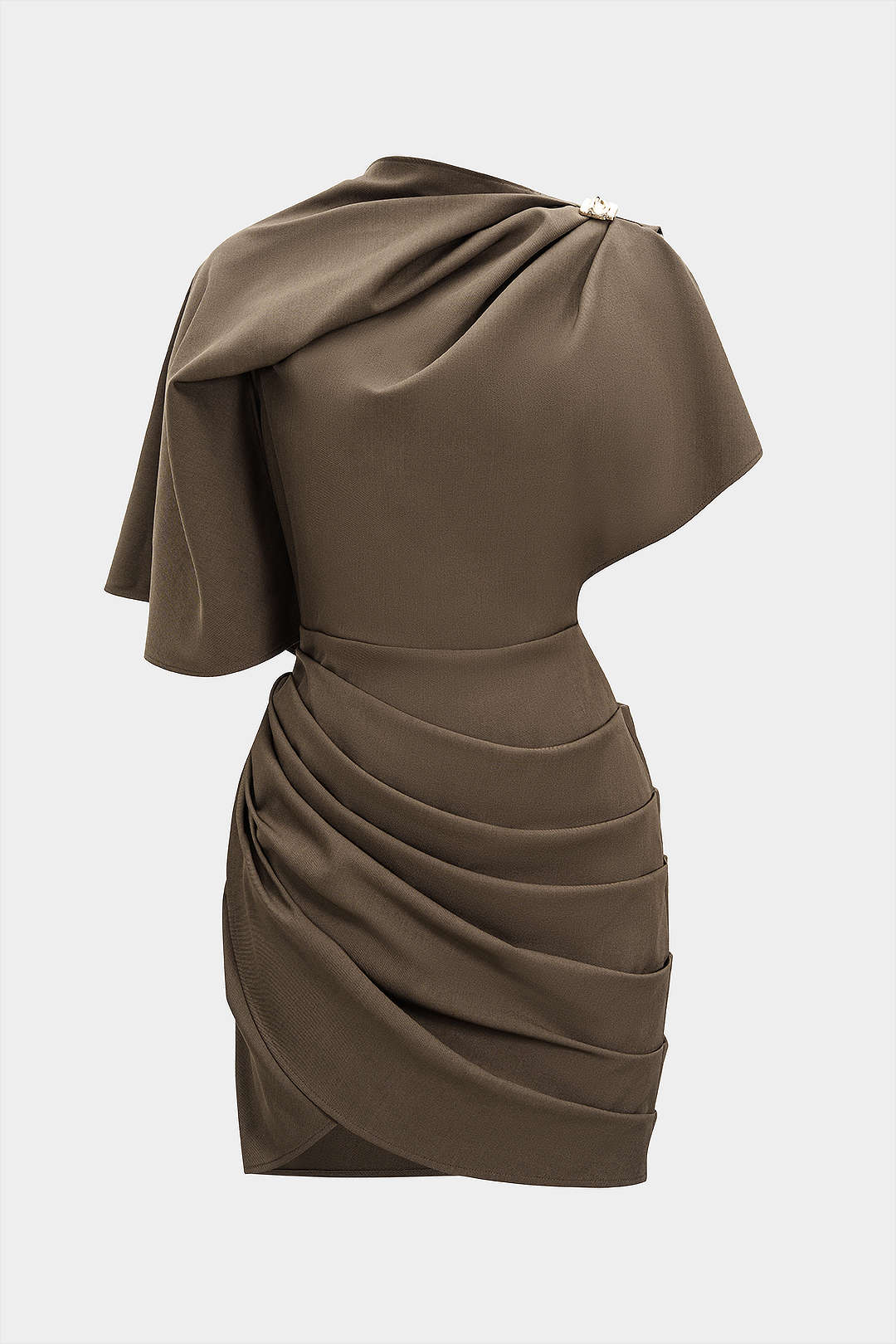 Metallic Ruched Zipper Asymmetrical Short Sleeve Mini Dress