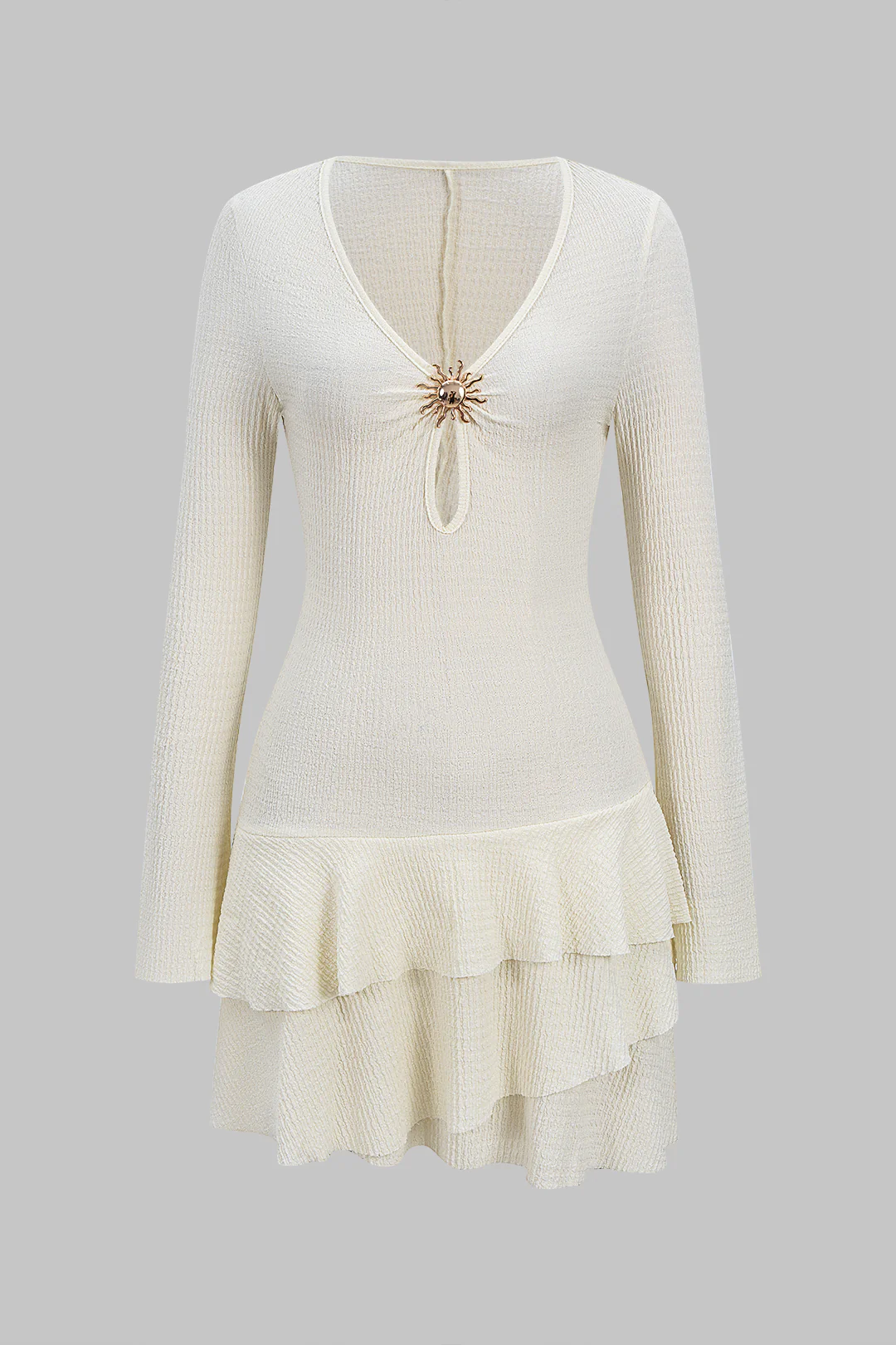 V-Neck Metallic Decor Cut Out Ruffle Hem Long Sleeve Mini Dress