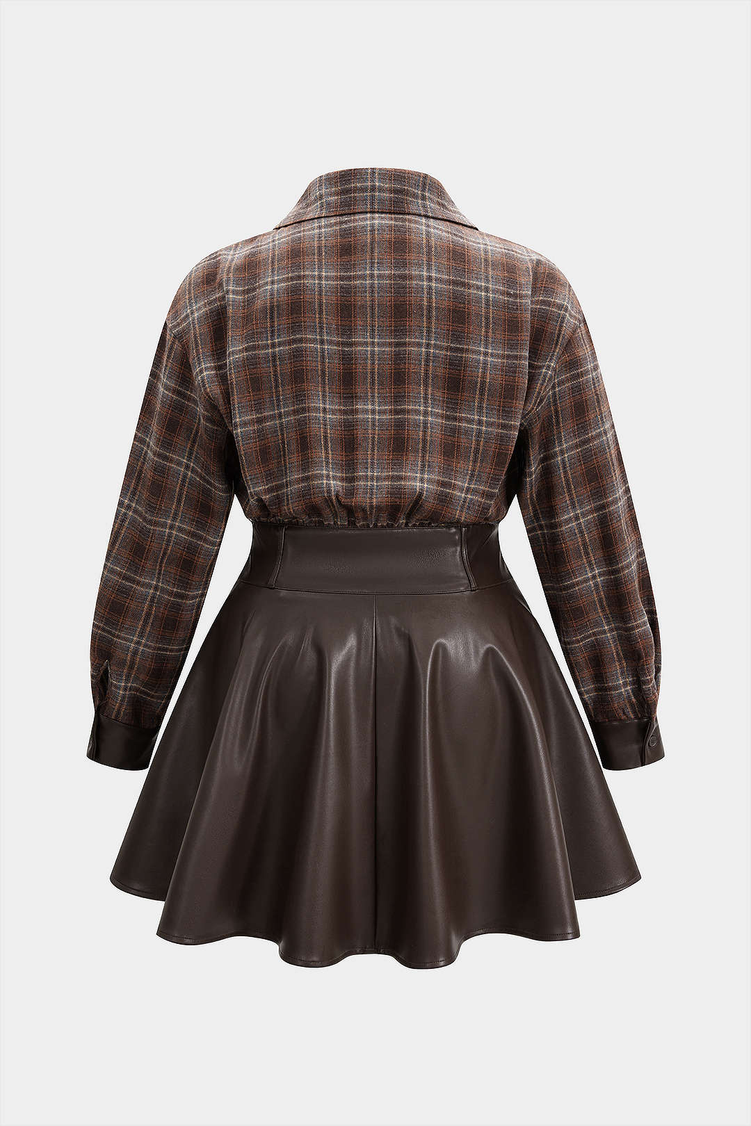 Plus Size Plaid Print Faux Leather Patchwork V-Neck Long Sleeve Mini Dress - Image 2