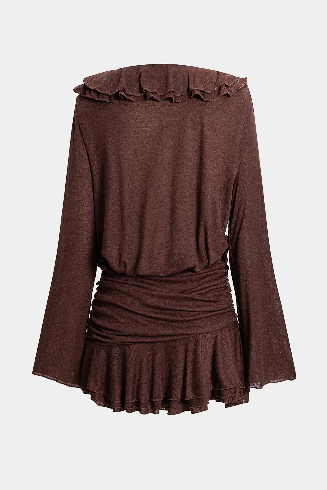 Solid Ruffel Ruched V-Neck Long Sleeve Mini Dress - Image 2