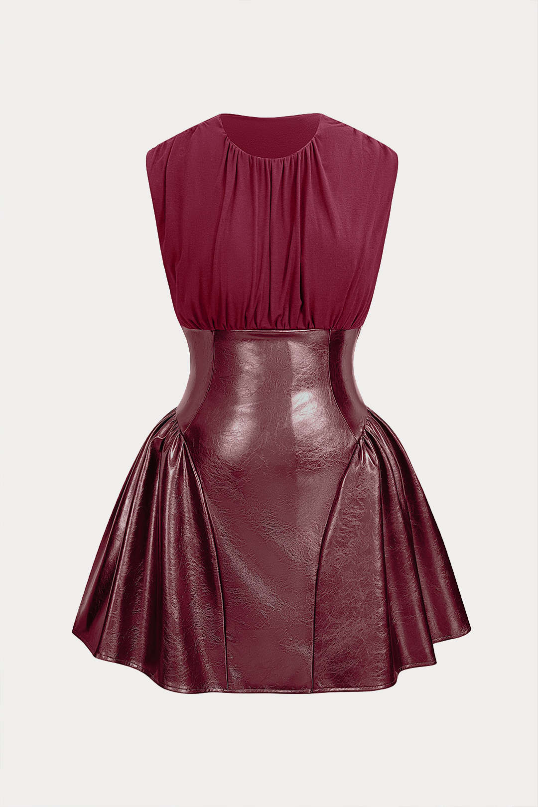 Faux Leather Patchwork Ruched Sleeveless Mini Dress - Image 9