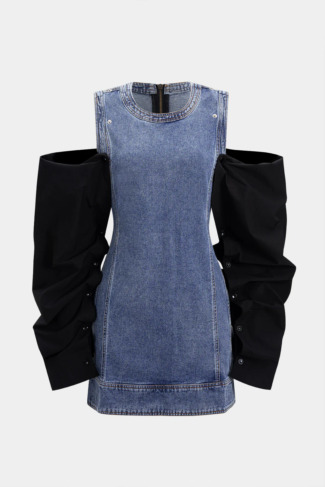 Denim Patchwork Round Neck Button Zipper Long-Sleeve Mini Dress - Image 2