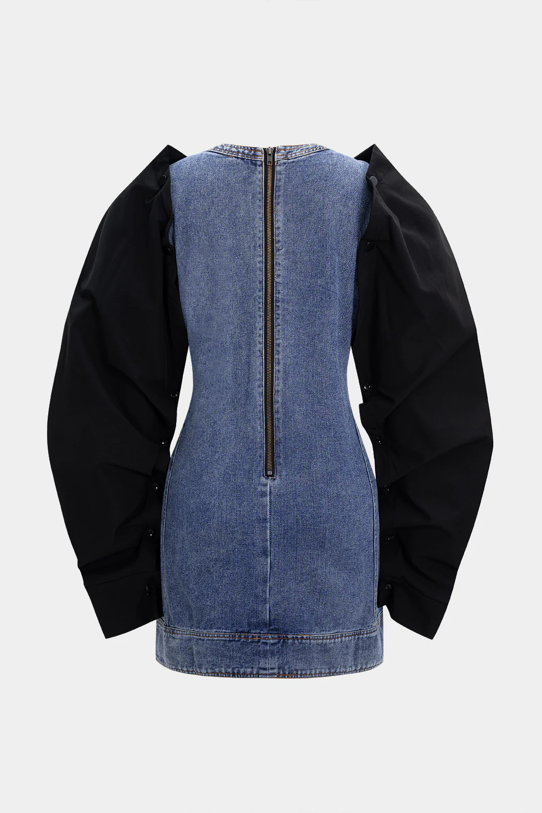 Denim Patchwork Round Neck Button Zipper Long-Sleeve Mini Dress - Image 3