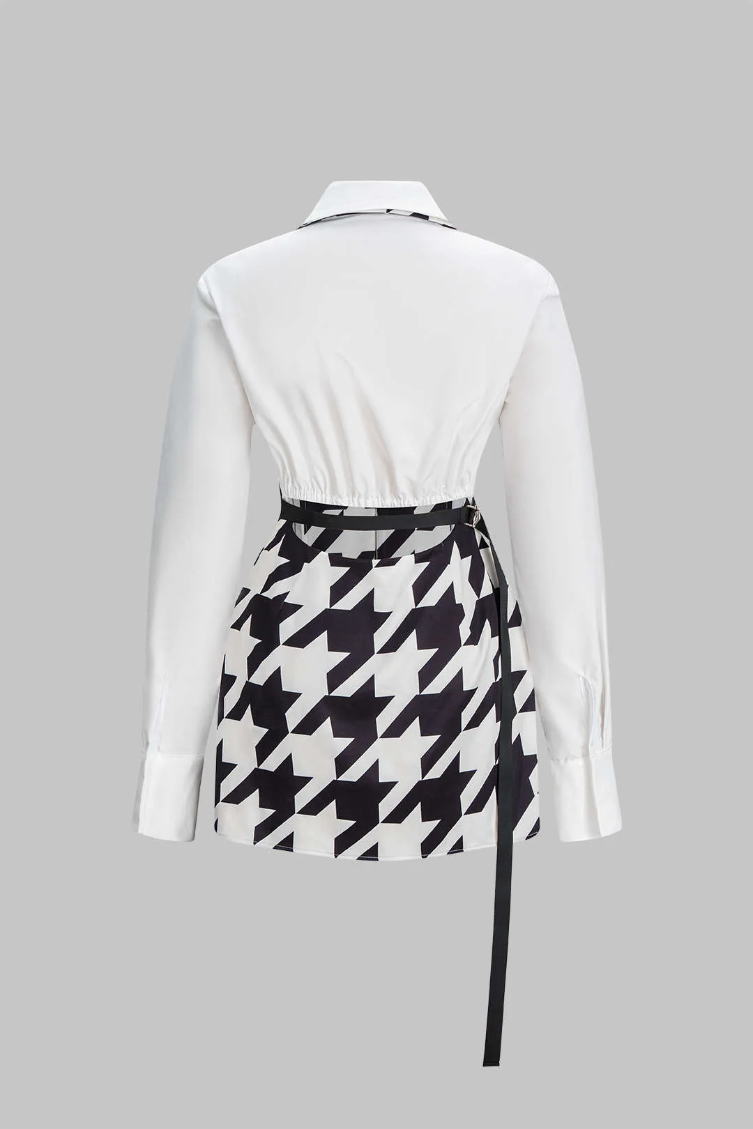 Houndstooth Print Contrast V-Neck Long Sleeve Mini Dress - Image 2